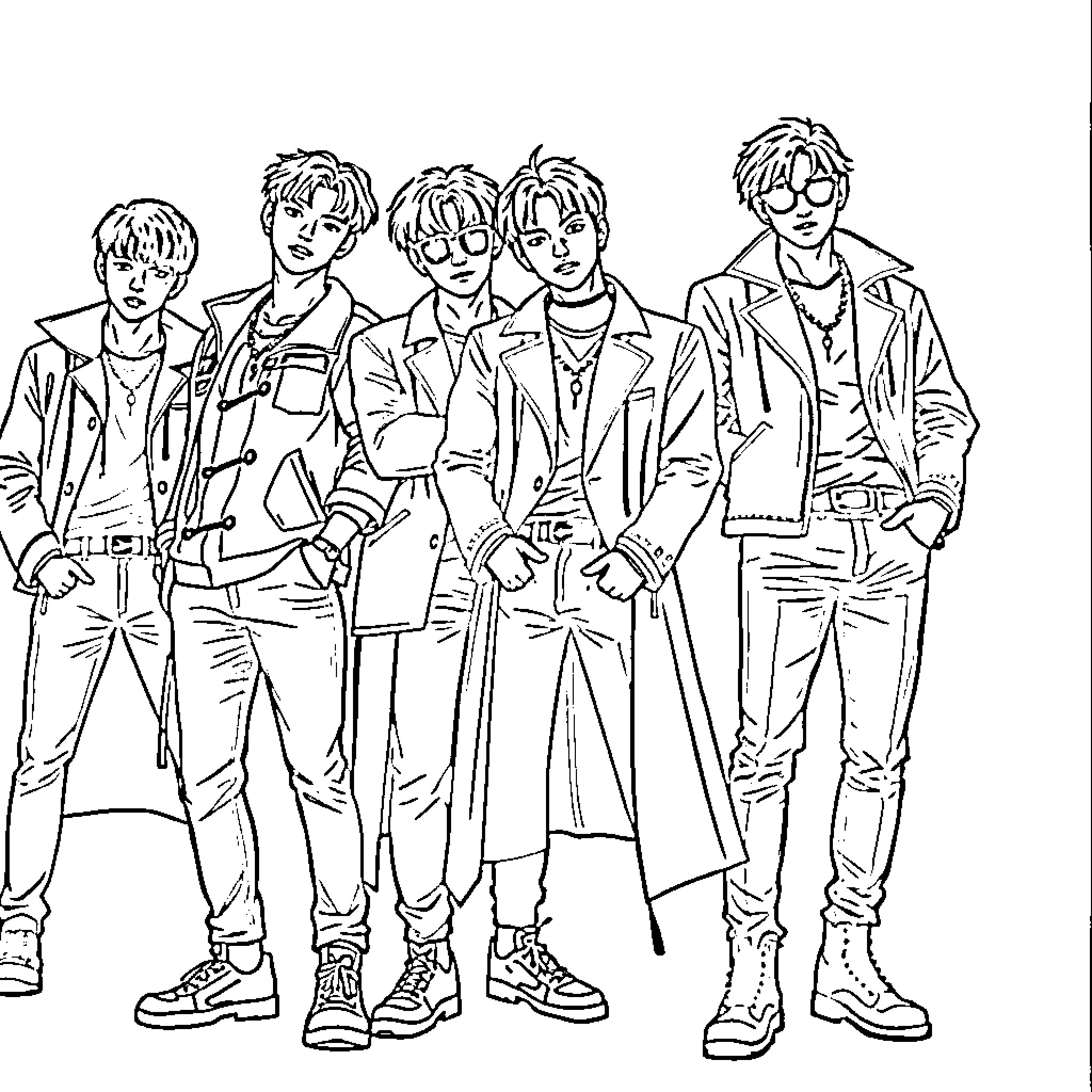 Saja Boy Group Poses Confidently in Stylish Outfits Coloring Page (free black-and-white line drawing printable PDF for all, from beginners to advanced learners, including children, teens, adults, and seniors)