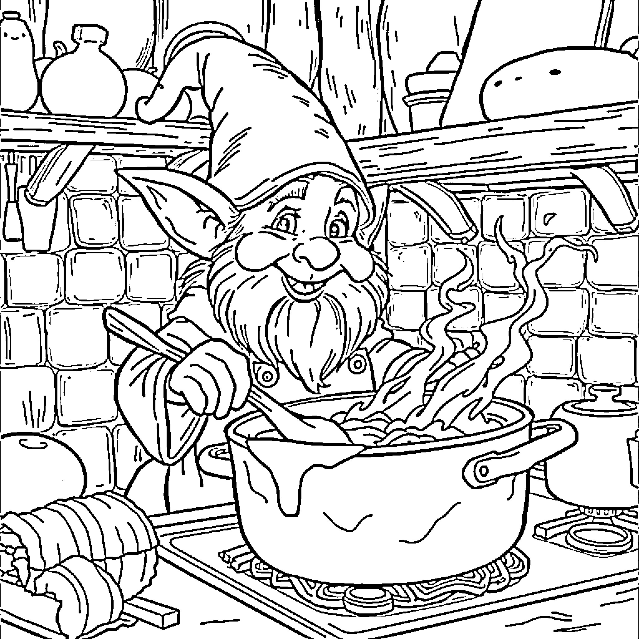 Hobgoblin Cooking in a Cozy Kitchen Coloring Page (free black-and-white line drawing printable PDF for all, from beginners to advanced learners, including children, teens, adults, and seniors)