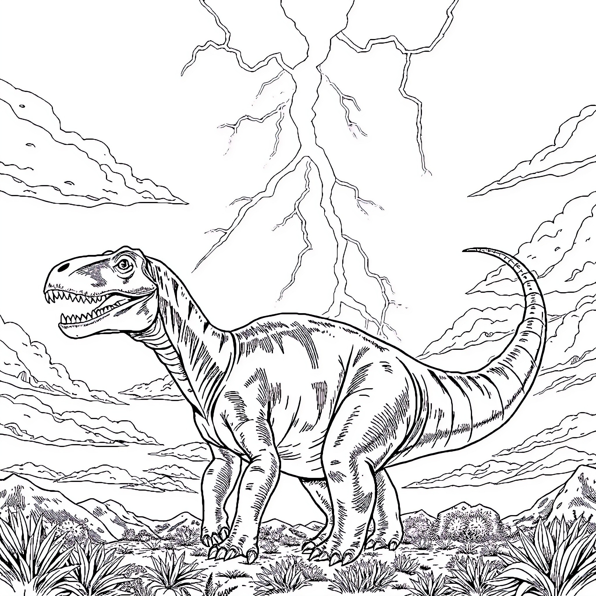 Dinosaur Roaring in Stormy Prehistoric Landscape Coloring Page (free black-and-white line drawing printable PDF for all, from beginners to advanced learners, including children, teens, adults, and seniors)