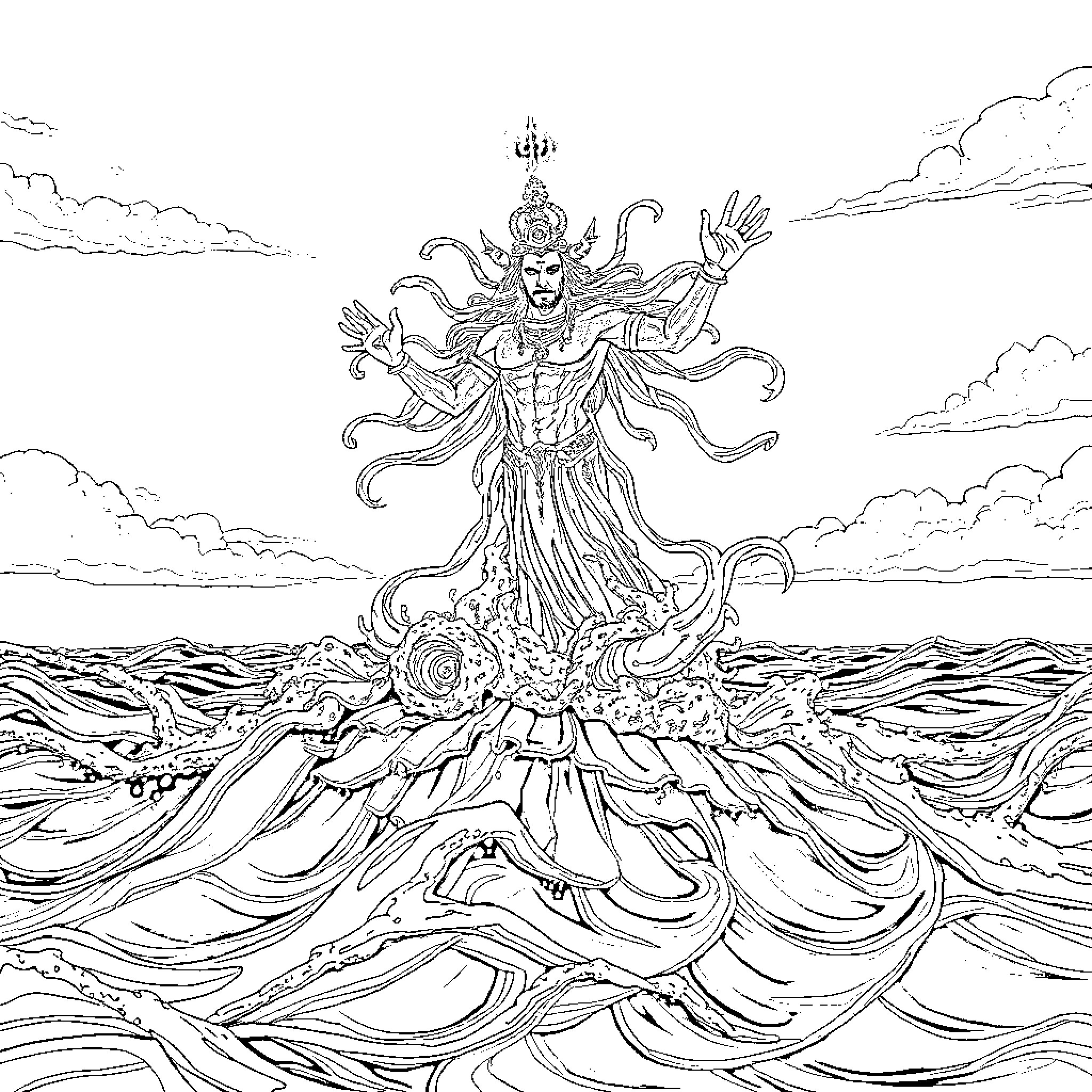 Water Deity commanding the waves with a majestic presence Coloring Page (free black-and-white line drawing printable PDF for all, from beginners to advanced learners, including children, teens, adults, and seniors)