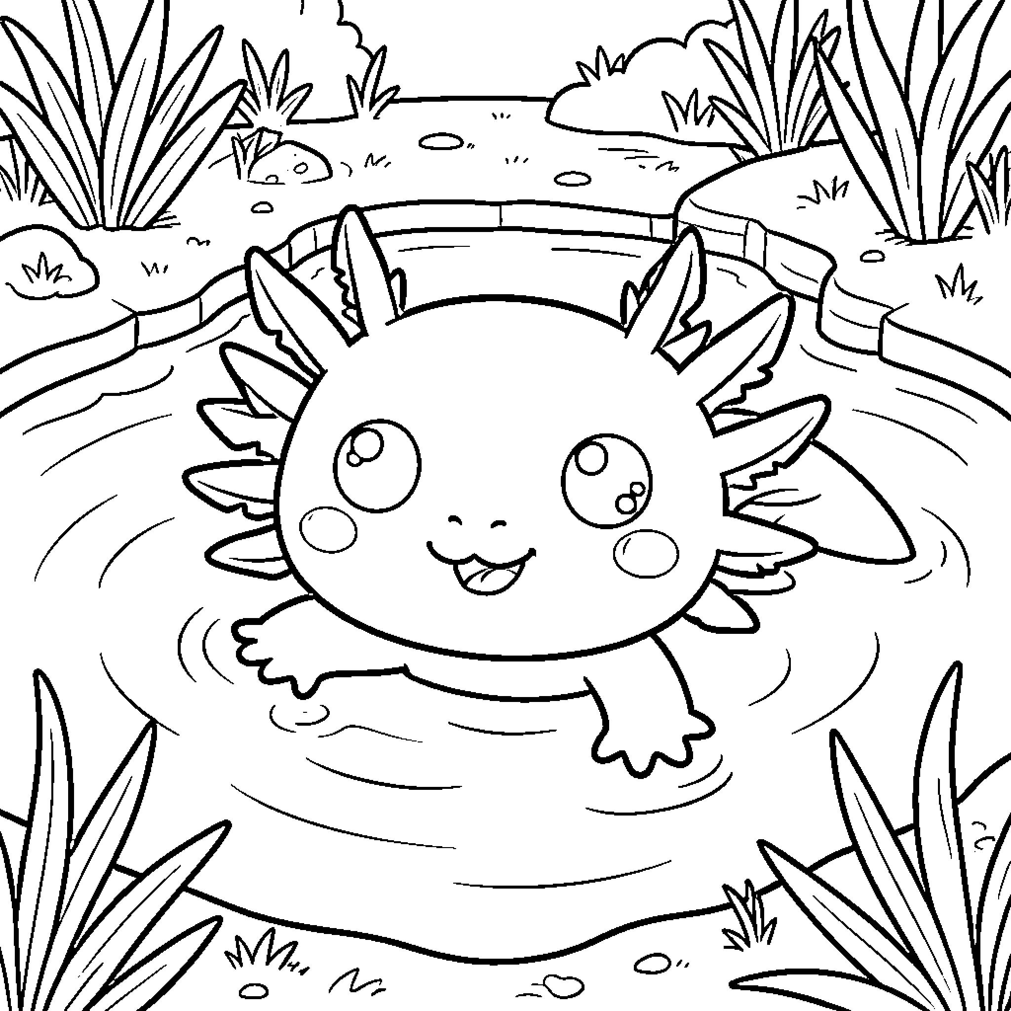 Axolotl swimming happily in a natural pond Coloring Page (free black-and-white line drawing printable PDF for all, from beginners to advanced learners, including children, teens, adults, and seniors)
