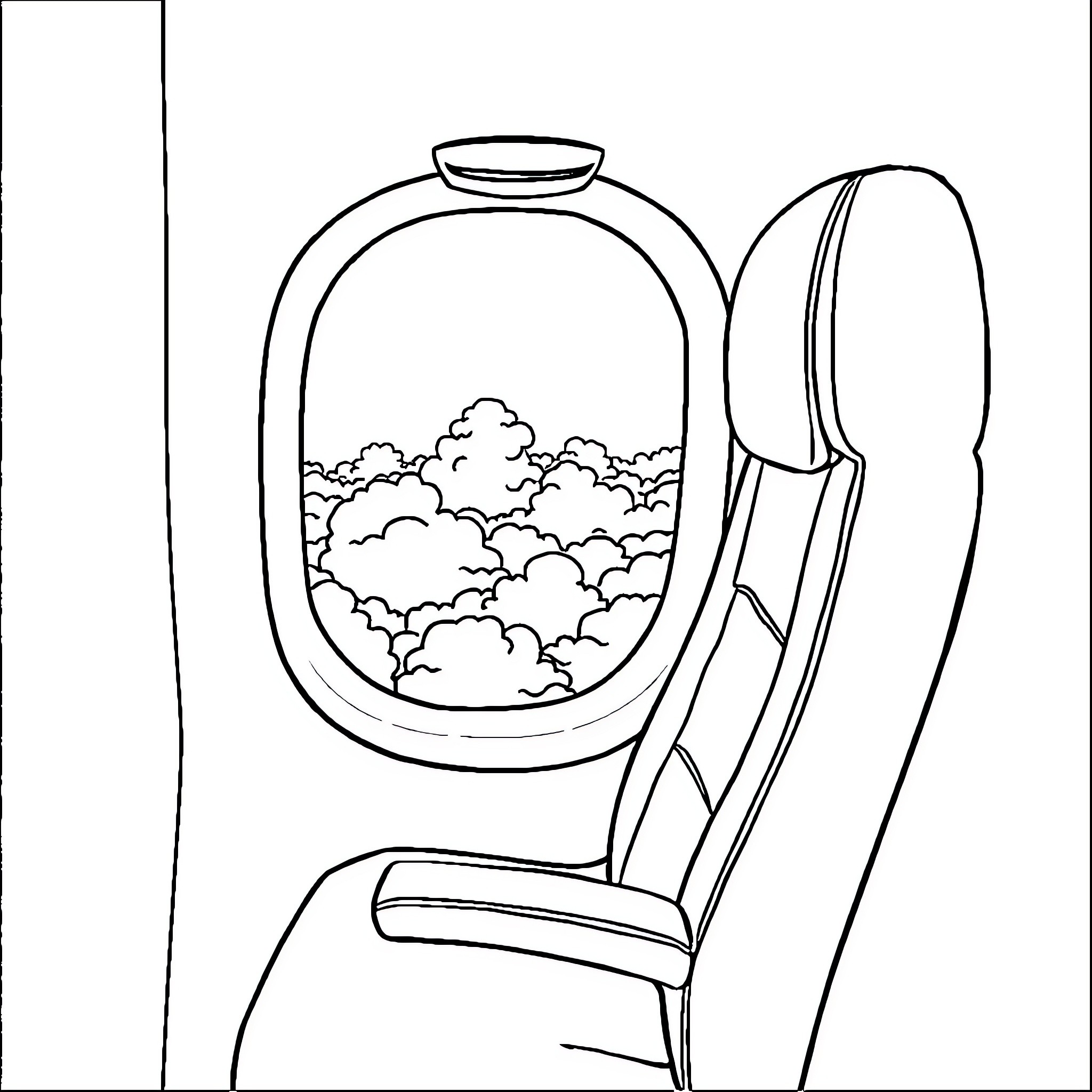 Airplane window with clouds Coloring Page (free black-and-white line drawing printable PDF for all, from beginners to advanced learners, including children, teens, adults, and seniors)