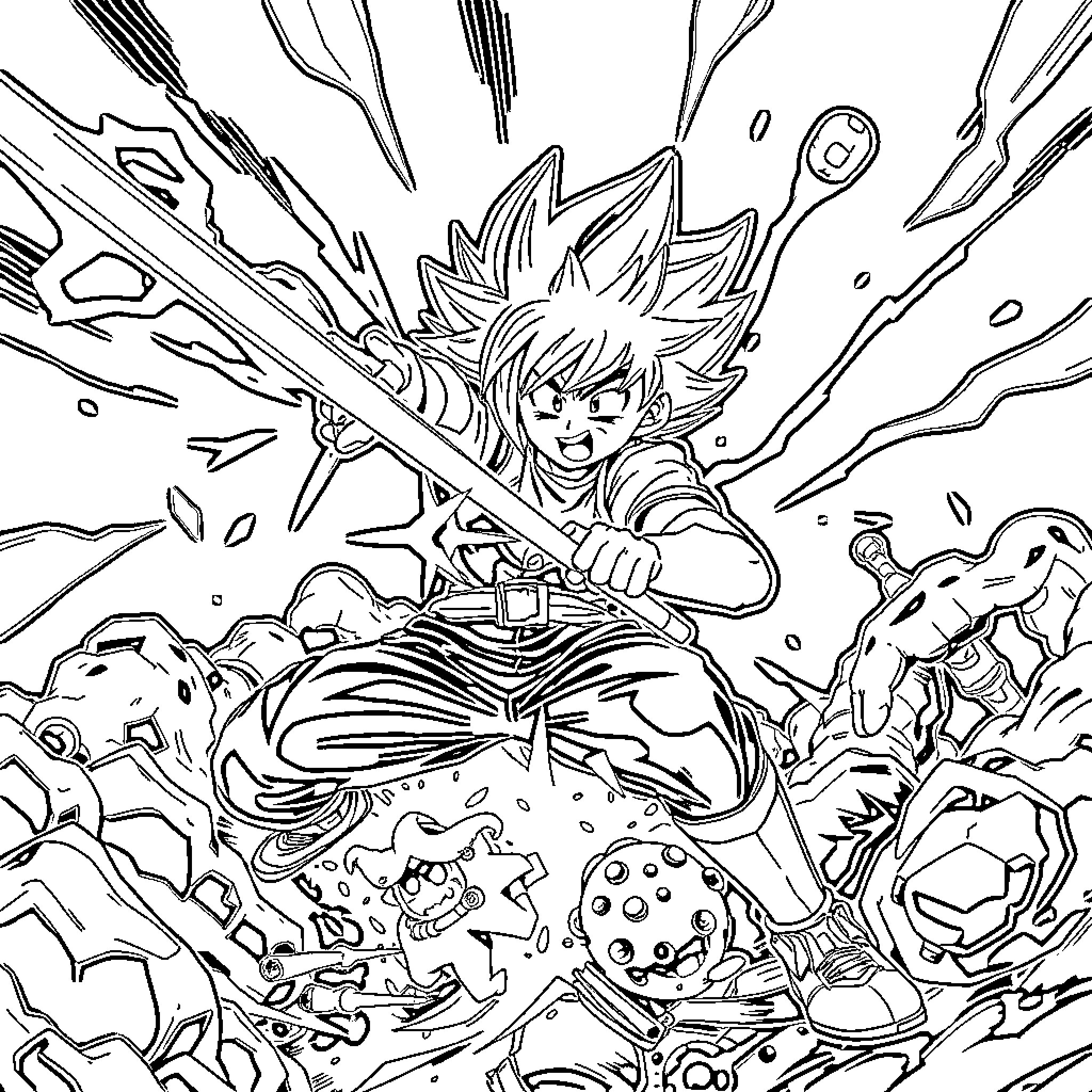 Deku in action-packed heroic stance Coloring Page (free black-and-white line drawing printable PDF for all, from beginners to advanced learners, including children, teens, adults, and seniors)