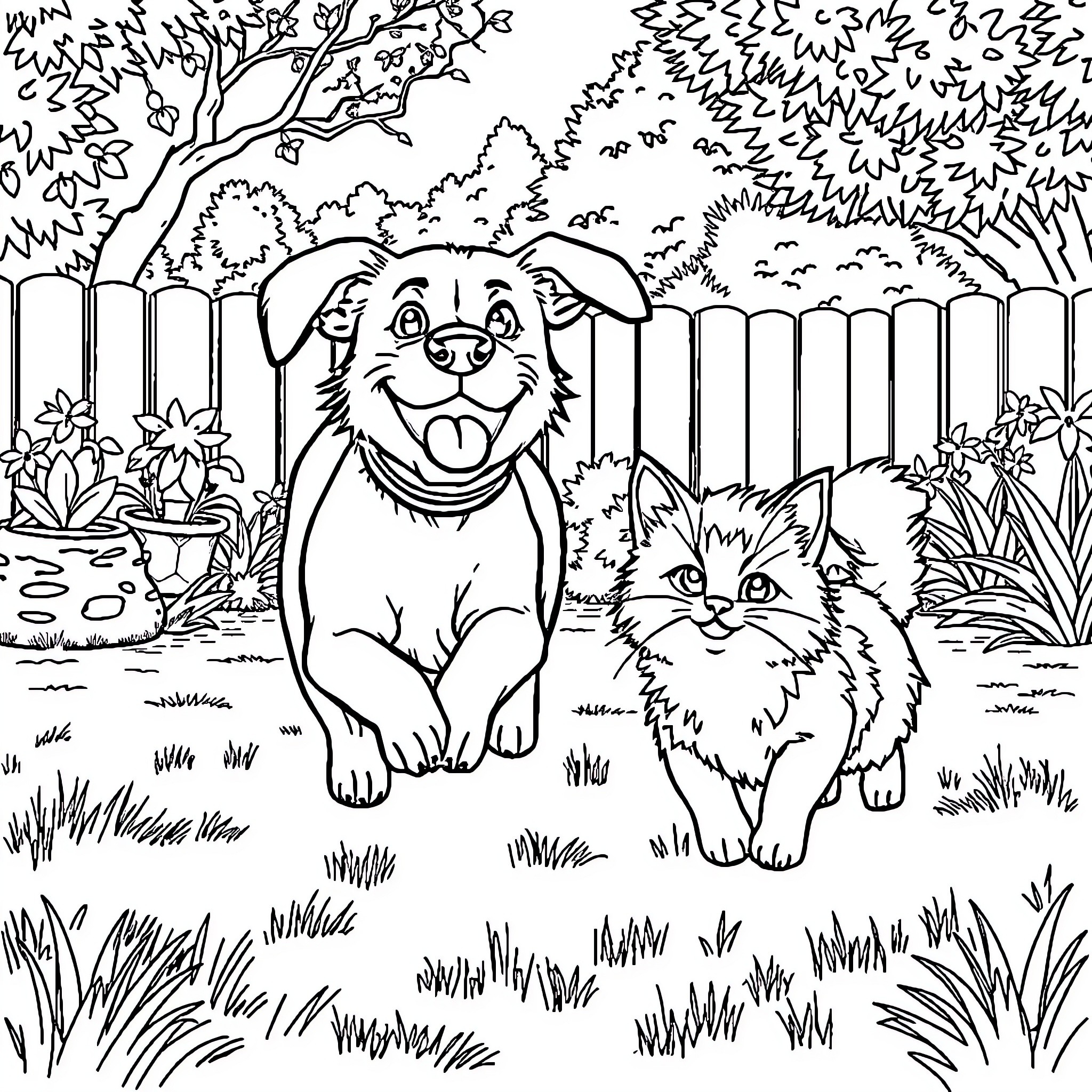 Dog and cat playing in the garden Coloring Page (free black-and-white line drawing printable PDF for all, from beginners to advanced learners, including children, teens, adults, and seniors)
