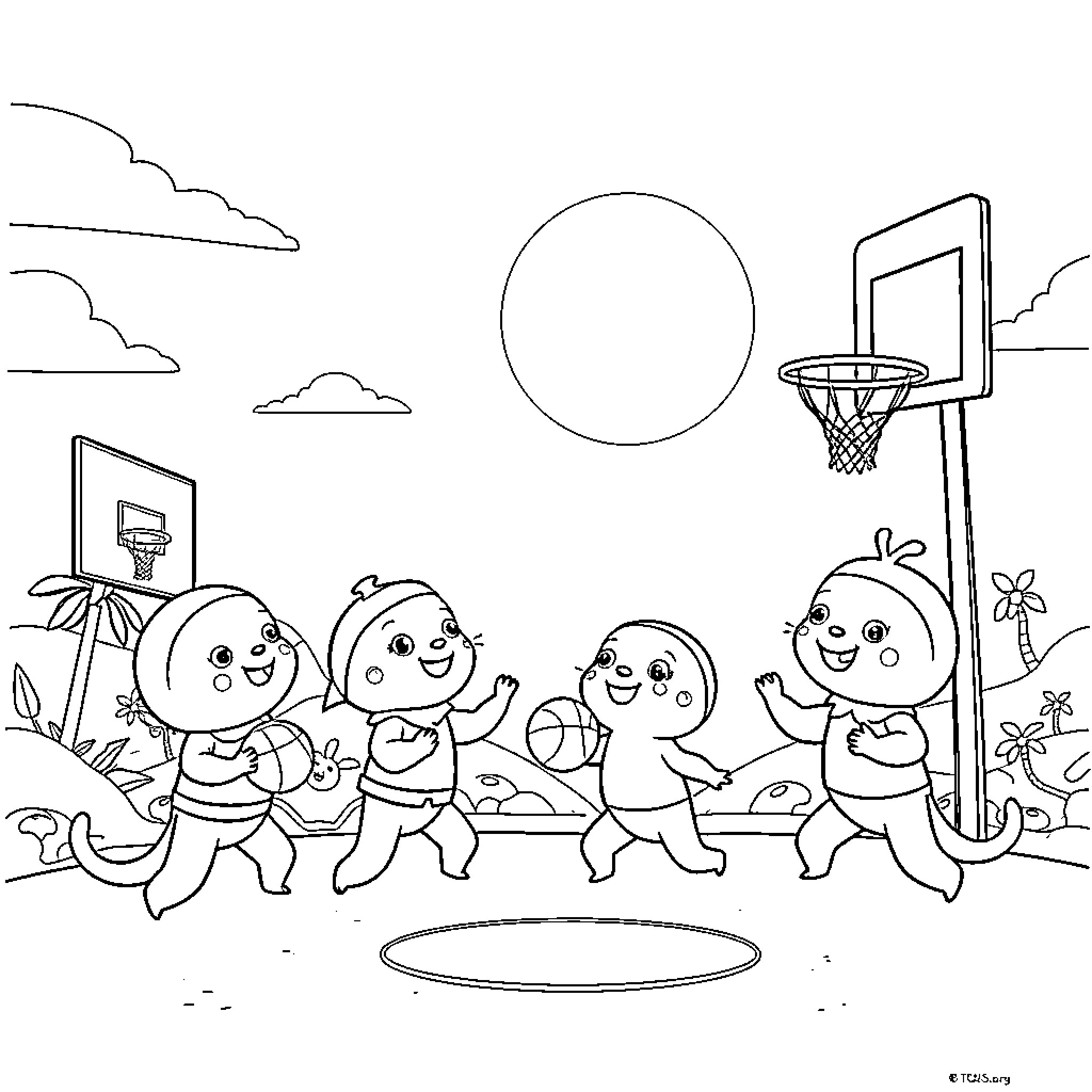 Octonauts enjoying a fun outdoor basketball game Coloring Page (free black-and-white line drawing printable PDF for all, from beginners to advanced learners, including children, teens, adults, and seniors)