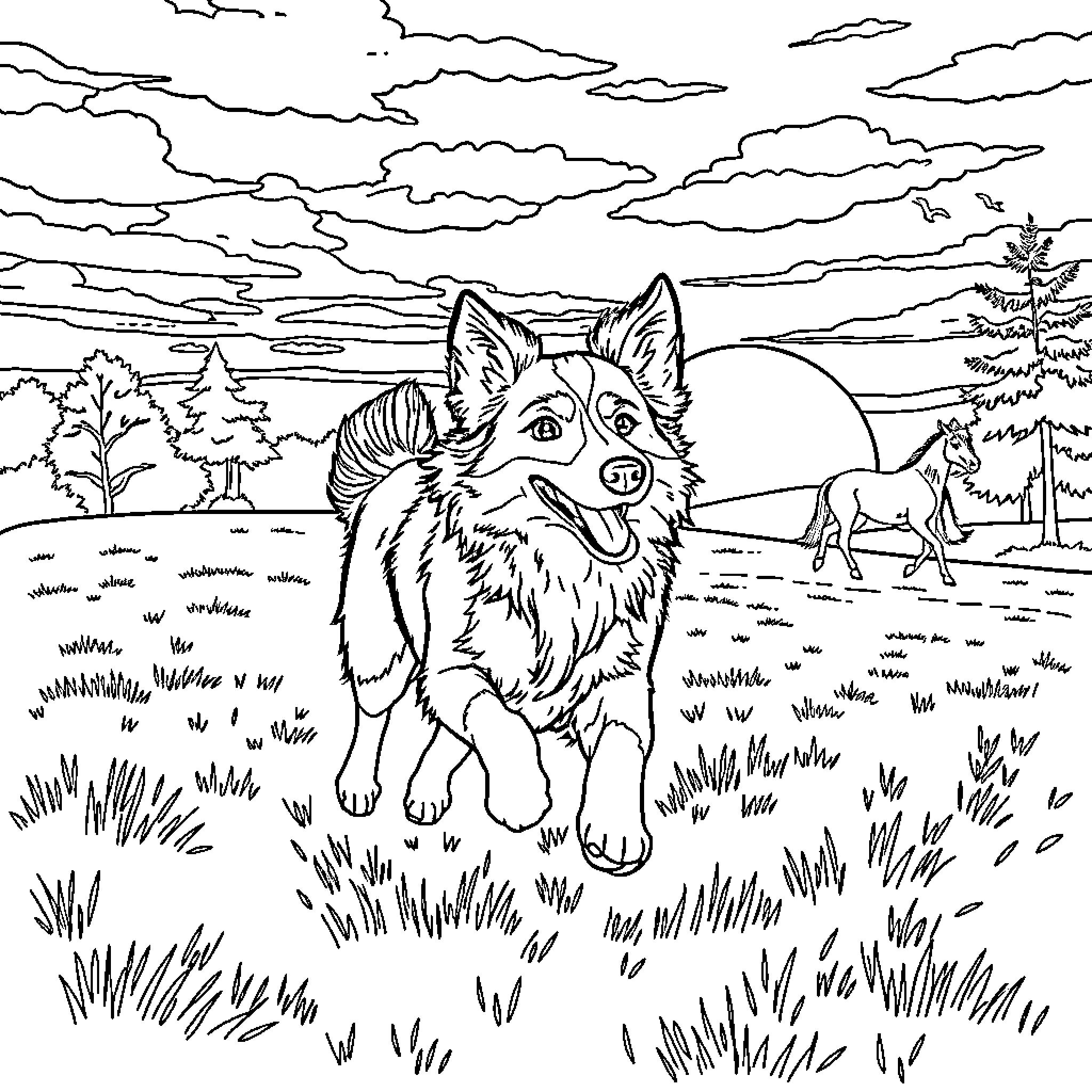 Australian Shepherd playing in the countryside Coloring Page (free black-and-white line drawing printable PDF for all, from beginners to advanced learners, including children, teens, adults, and seniors)