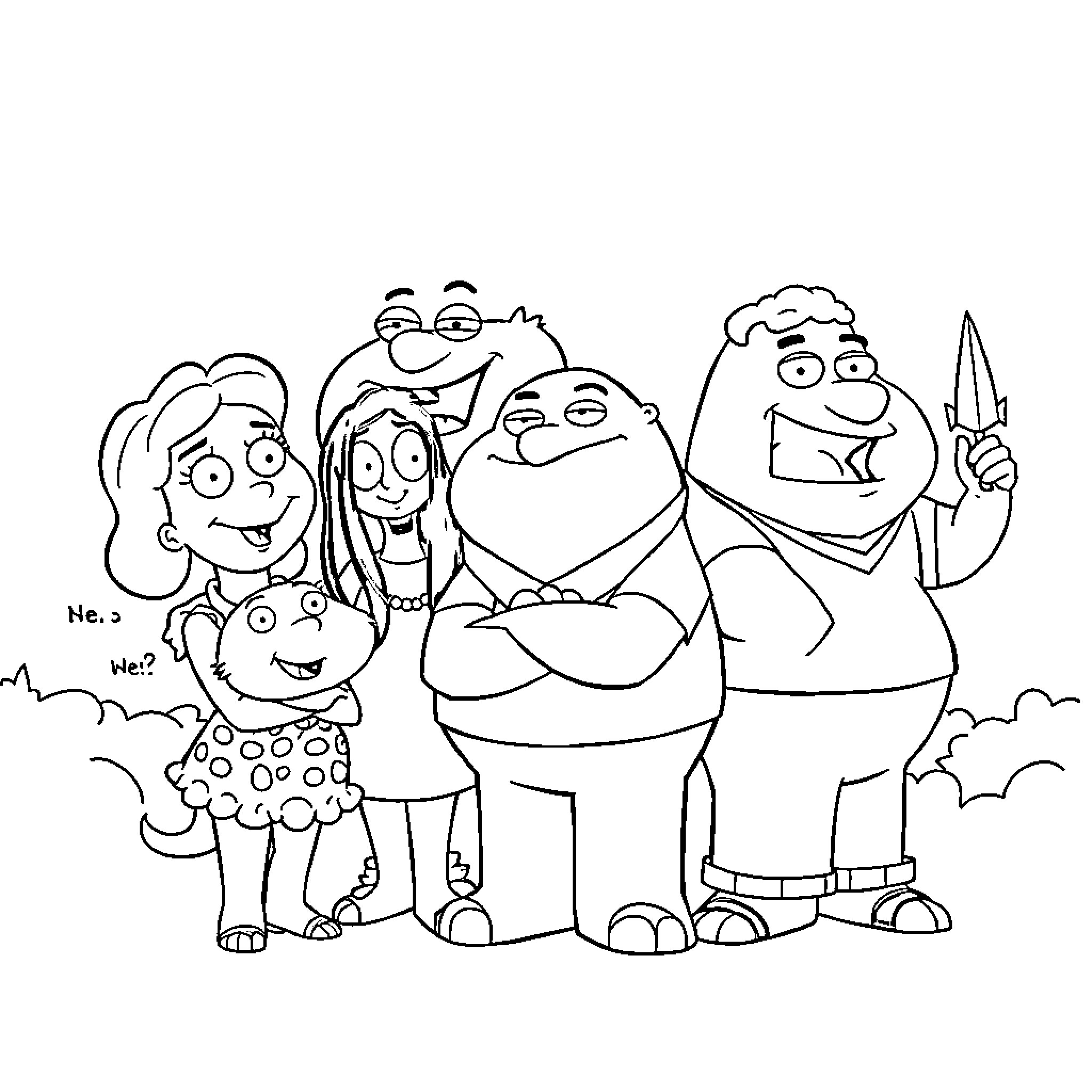 Family Guy Characters in Cartoon Scene Coloring Page (free black-and-white line drawing printable PDF for all, from beginners to advanced learners, including children, teens, adults, and seniors)