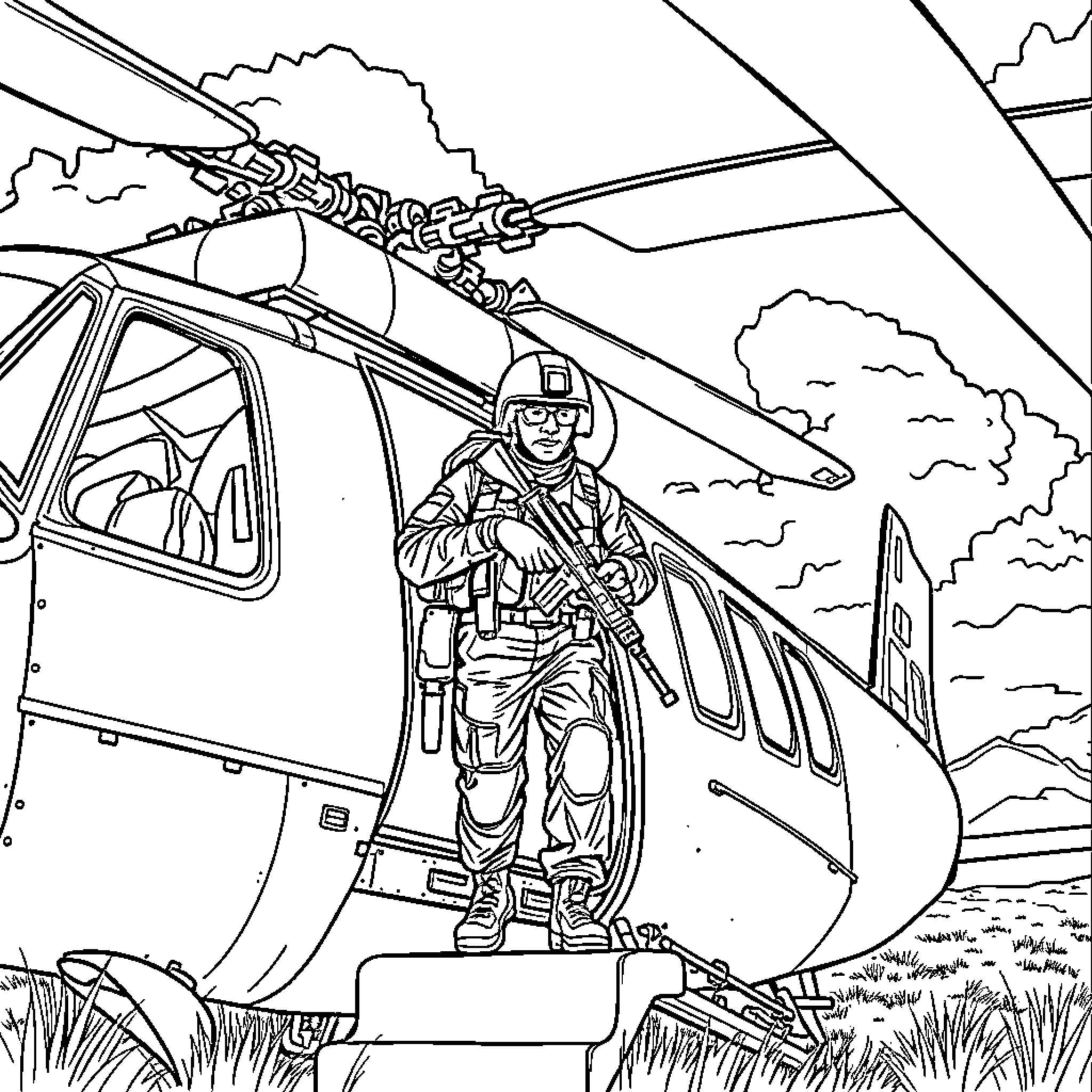 Soldier exiting military vehicle in combat zone Coloring Page (free black-and-white line drawing printable PDF for all, from beginners to advanced learners, including children, teens, adults, and seniors)