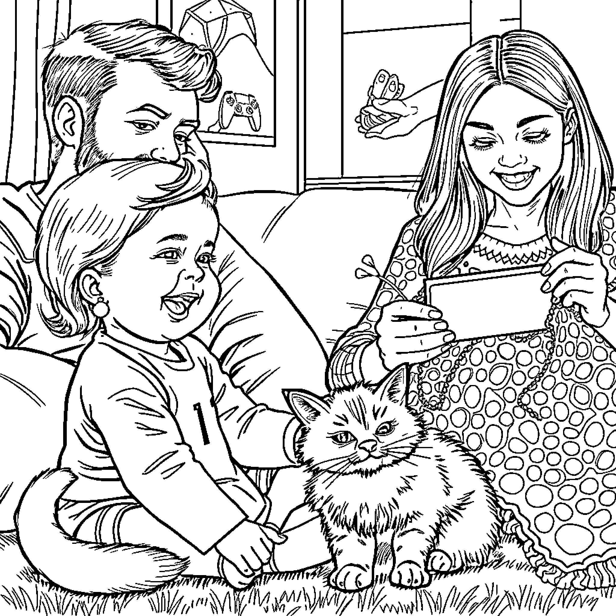 Baby Girl Spends Quality Time with Family Coloring Page (free black-and-white line drawing printable PDF for all, from beginners to advanced learners, including children, teens, adults, and seniors)