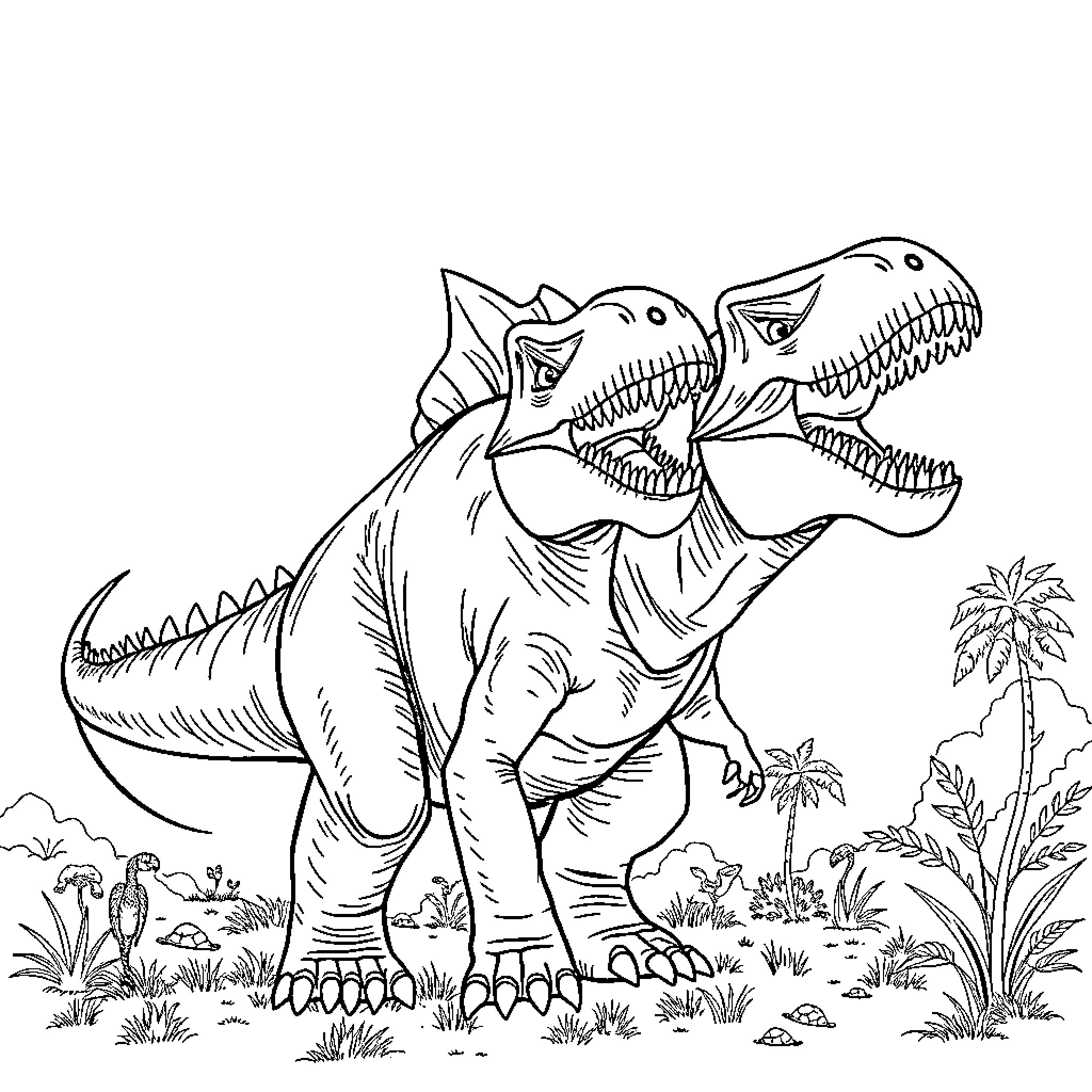 Dinosaur Couple Roaring in Prehistoric Landscape Coloring Page (free black-and-white line drawing printable PDF for all, from beginners to advanced learners, including children, teens, adults, and seniors)