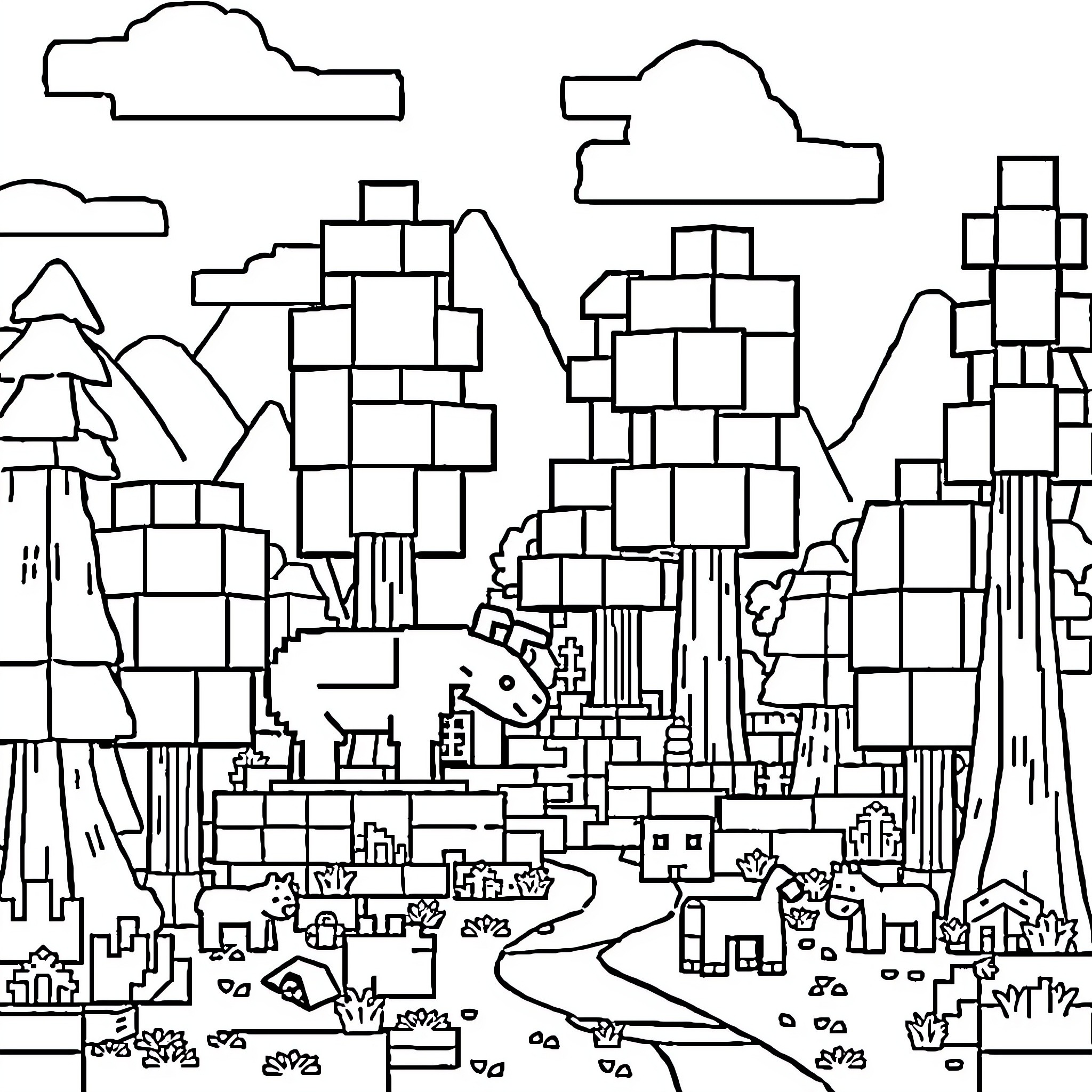 Minecraft landscape with geometric shapes and structures Coloring Page (free black-and-white line drawing printable PDF for all, from beginners to advanced learners, including children, teens, adults, and seniors)