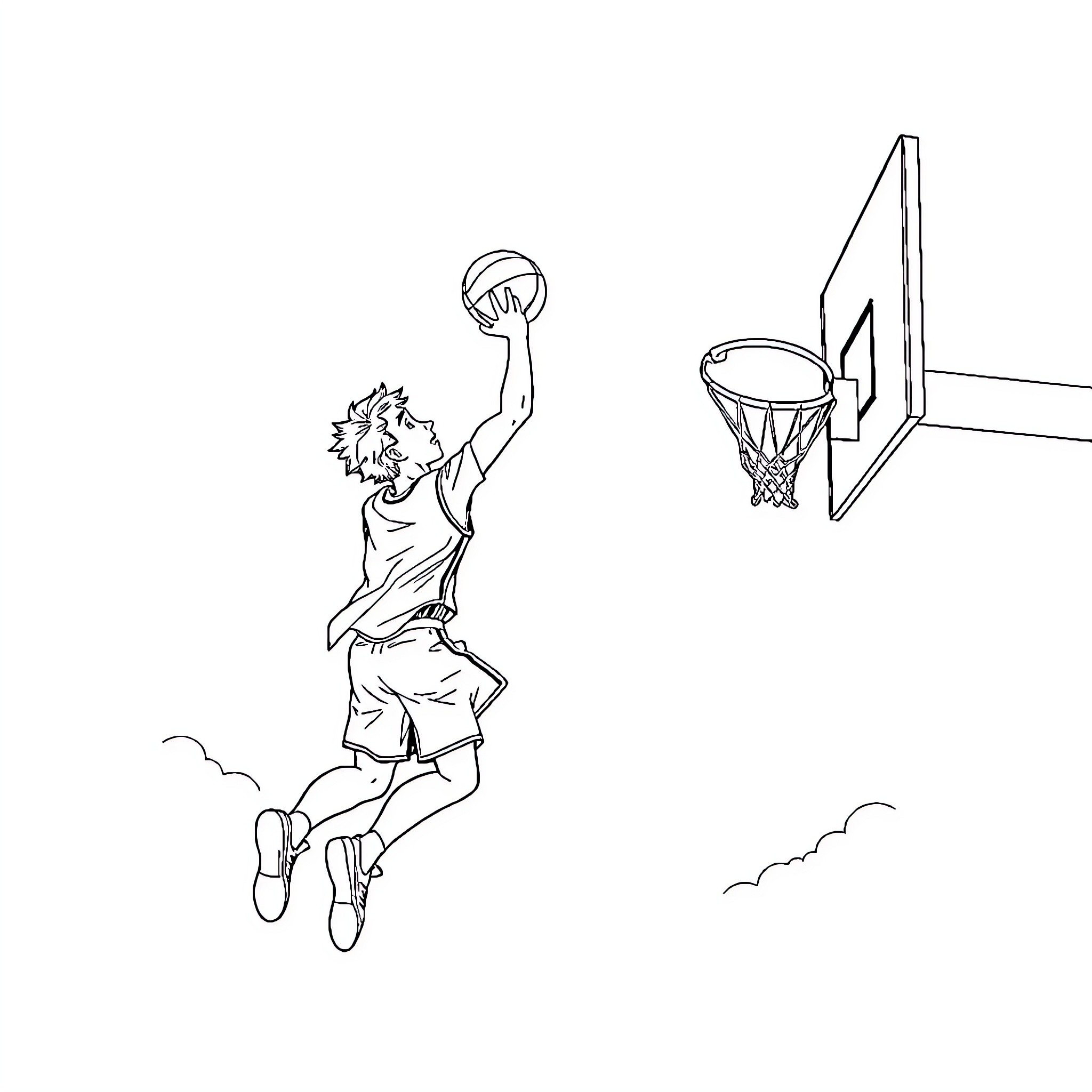 Oliver dunking the basketball with determination Coloring Page (free black-and-white line drawing printable PDF for all, from beginners to advanced learners, including children, teens, adults, and seniors)