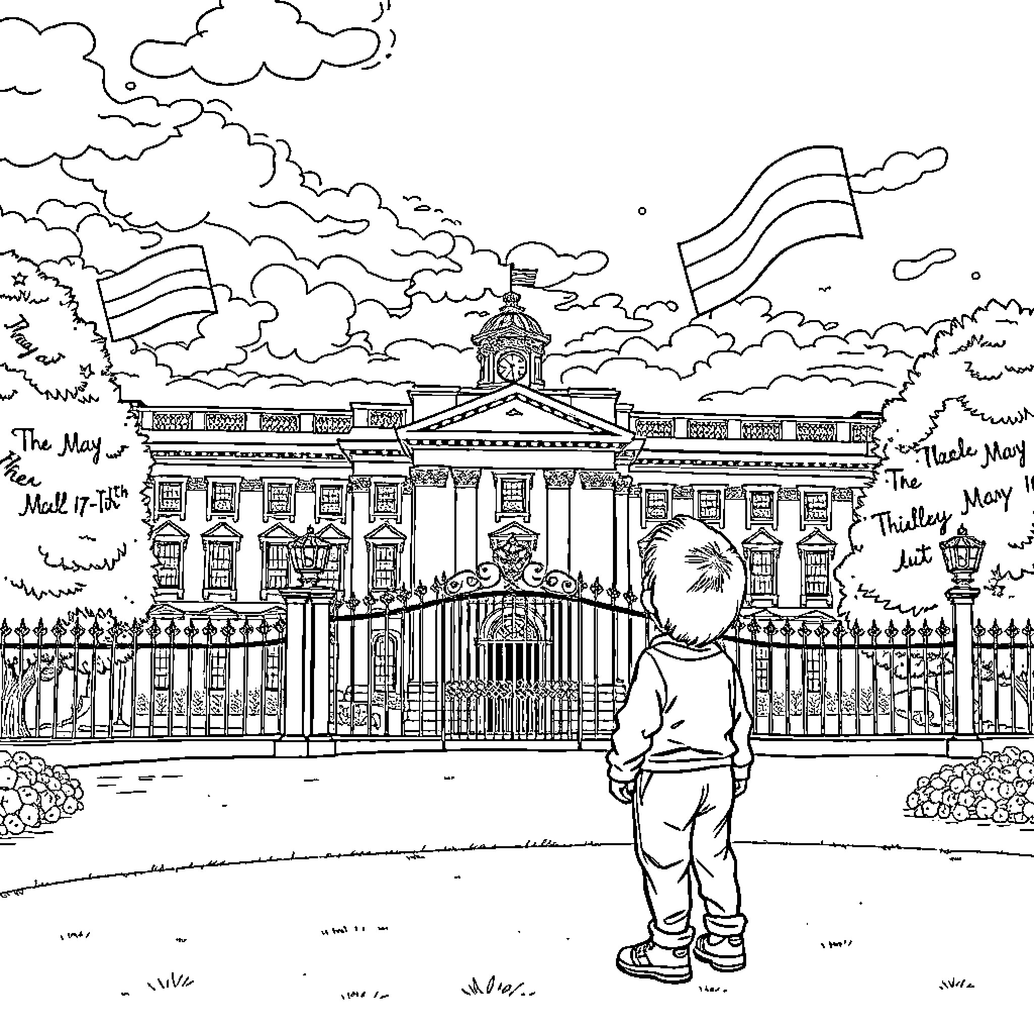 Boy admiring historical building with waving flags Coloring Page (free black-and-white line drawing printable PDF for all, from beginners to advanced learners, including children, teens, adults, and seniors)