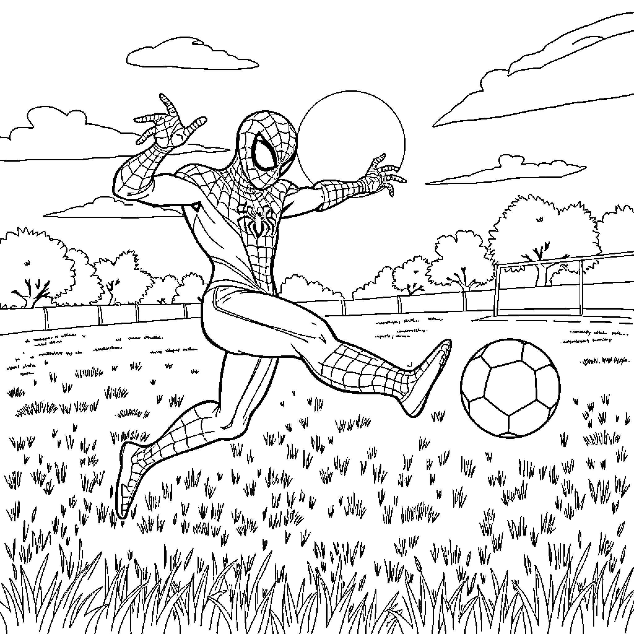 Spiderman playing soccer in a scenic park Coloring Page (free black-and-white line drawing printable PDF for all, from beginners to advanced learners, including children, teens, adults, and seniors)