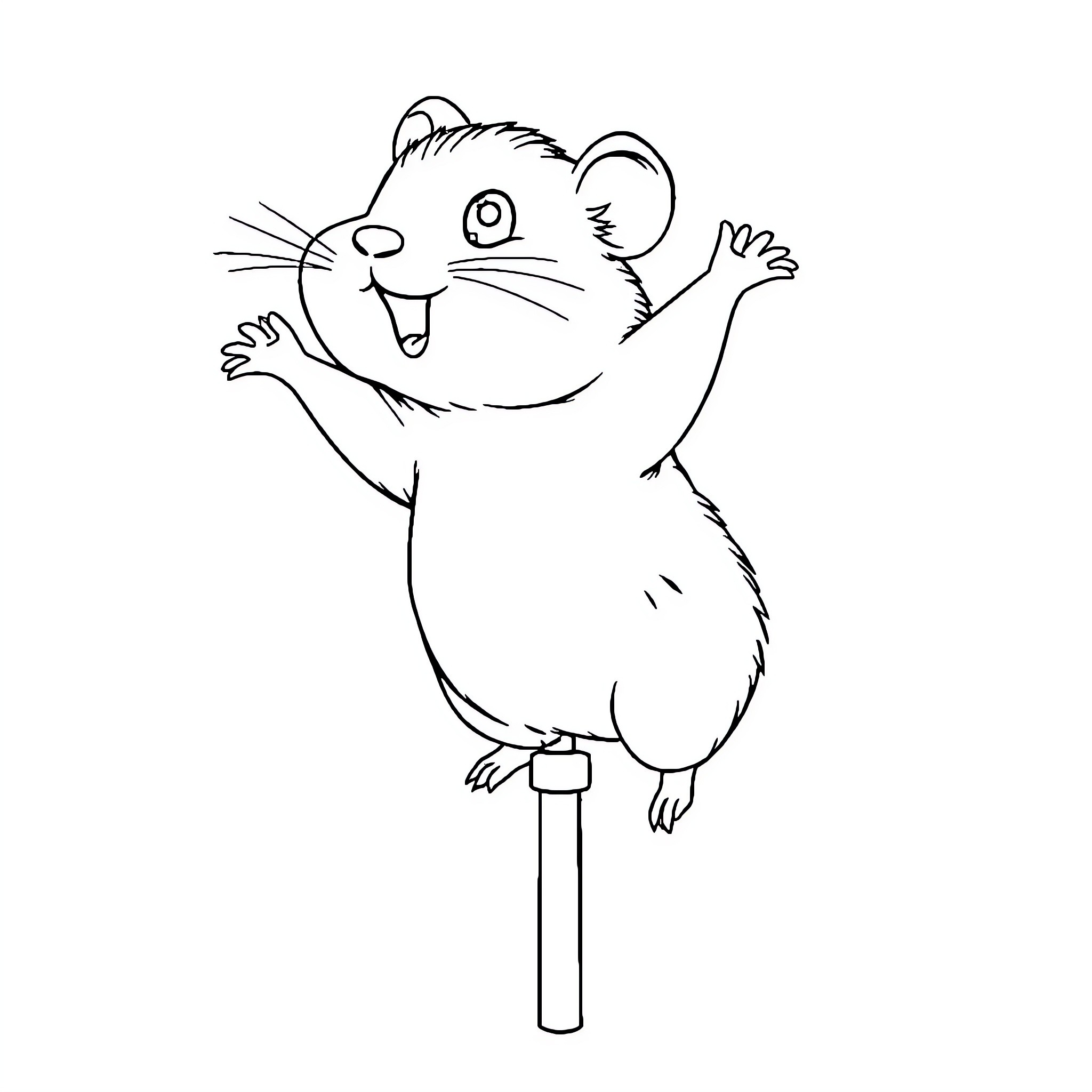 Hamster playing on a stick Coloring Page (free black-and-white line drawing printable PDF for all, from beginners to advanced learners, including children, teens, adults, and seniors)