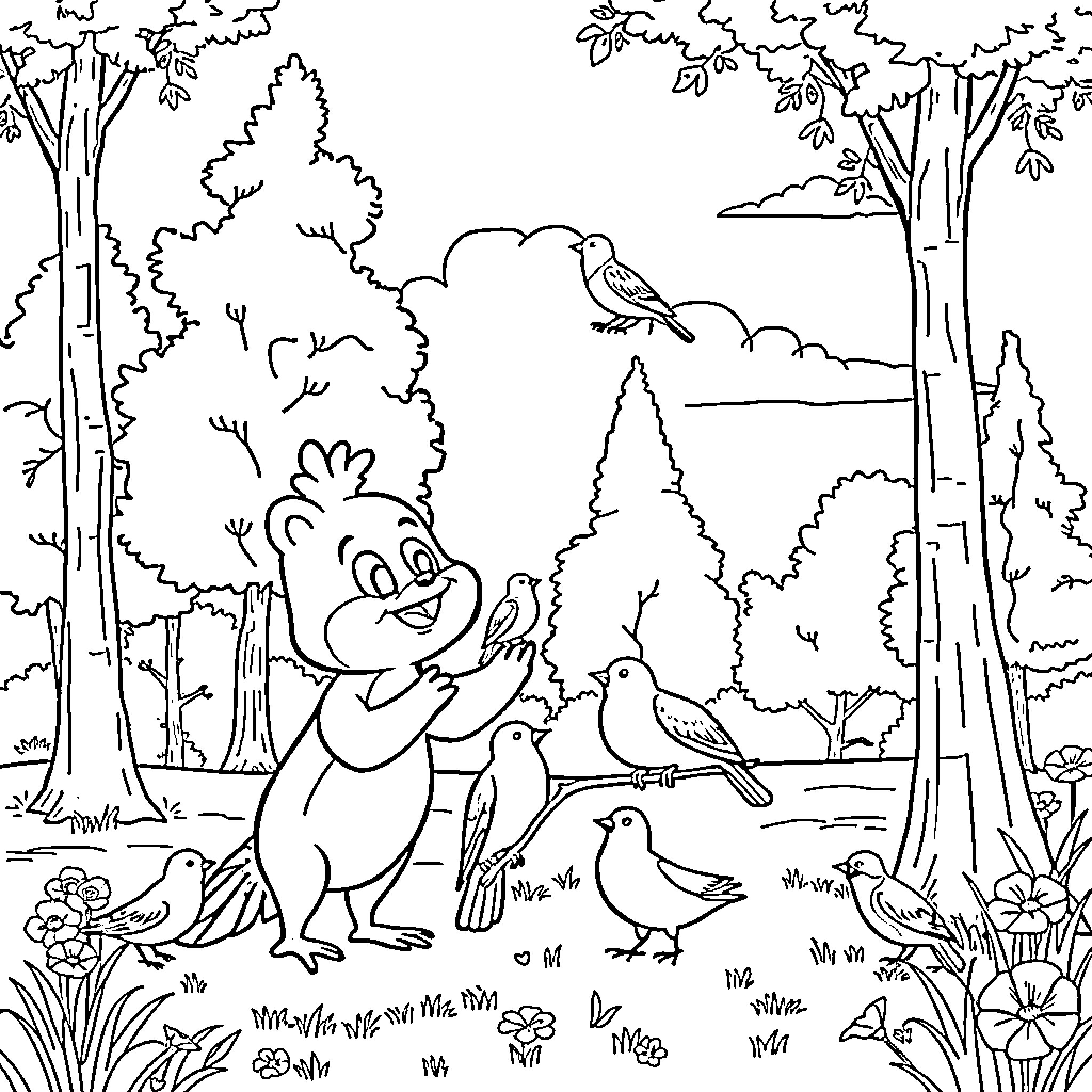 Bluey and friends explore the enchanting forest Coloring Page (free black-and-white line drawing printable PDF for all, from beginners to advanced learners, including children, teens, adults, and seniors)