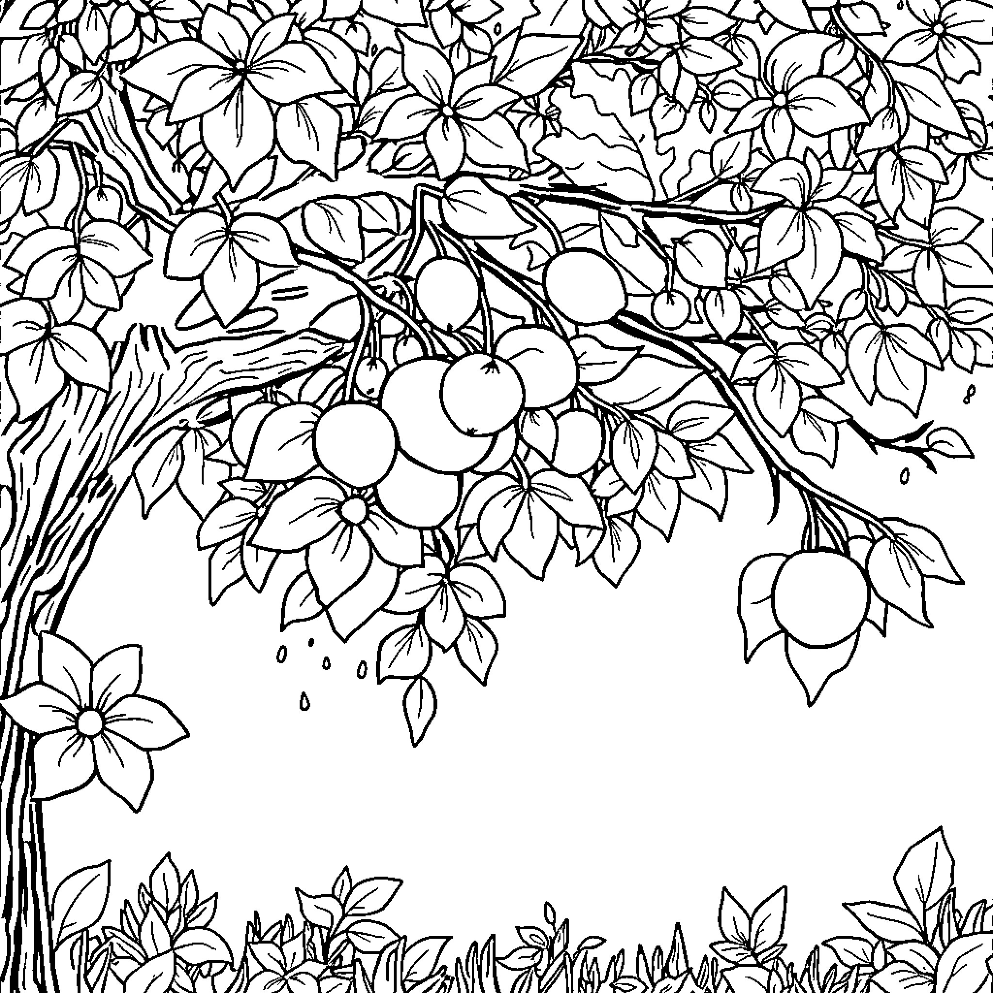 Todo Pasa: Vibrant Floral Abundance Coloring Page (free black-and-white line drawing printable PDF for all, from beginners to advanced learners, including children, teens, adults, and seniors)