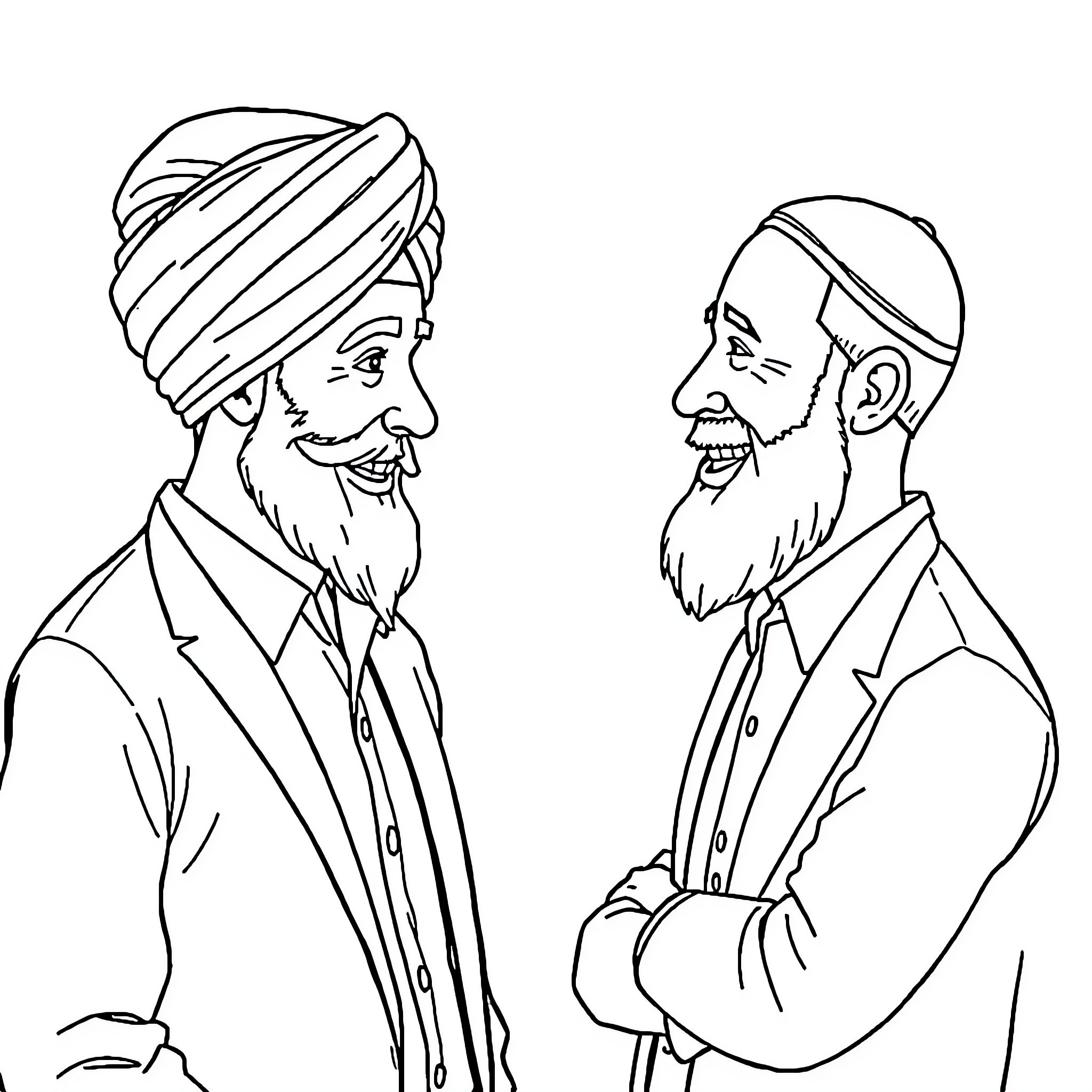 Persons in traditional Middle Eastern attire engaged in conversation Coloring Page (free black-and-white line drawing printable PDF for all, from beginners to advanced learners, including children, teens, adults, and seniors)