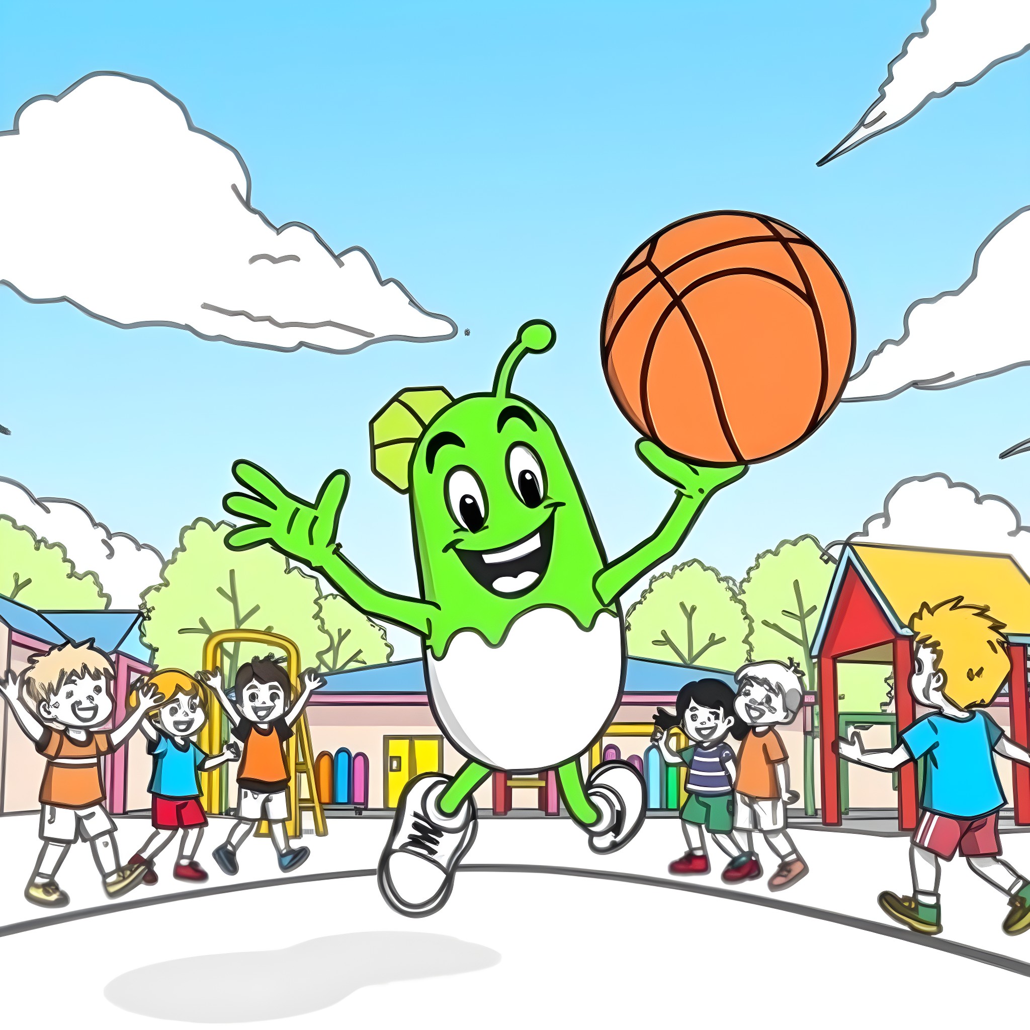 Herb playing basketball with happy children on the court Coloring Page (free black-and-white line drawing printable PDF for all, from beginners to advanced learners, including children, teens, adults, and seniors)