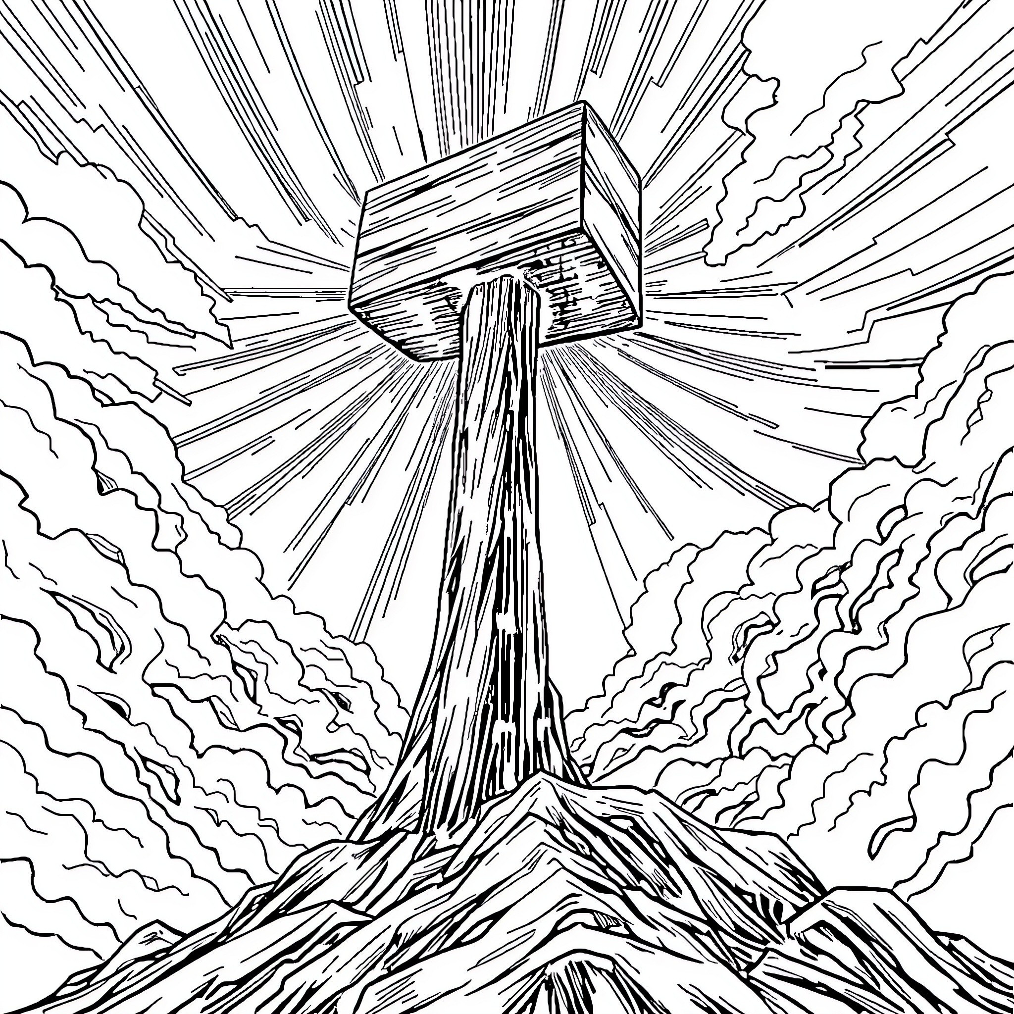 Hammer Striking Clouds with Erupting Energy Coloring Page (free black-and-white line drawing printable PDF for all, from beginners to advanced learners, including children, teens, adults, and seniors)