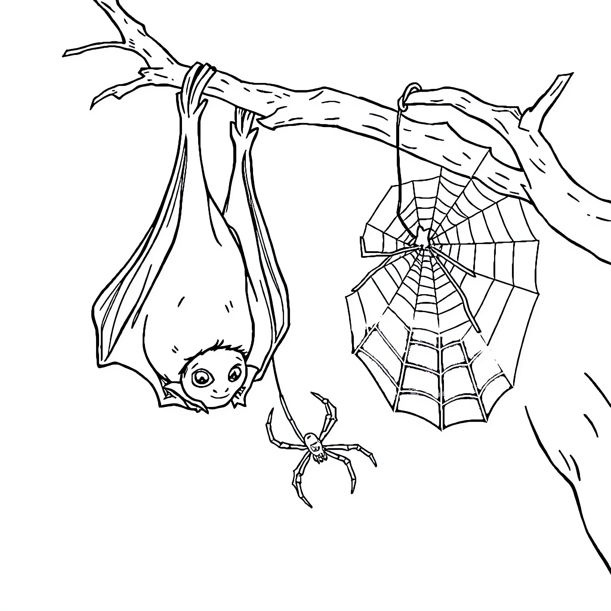 Bat hanging on a web with a spider Coloring Page (free black-and-white line drawing printable PDF for all, from beginners to advanced learners, including children, teens, adults, and seniors)