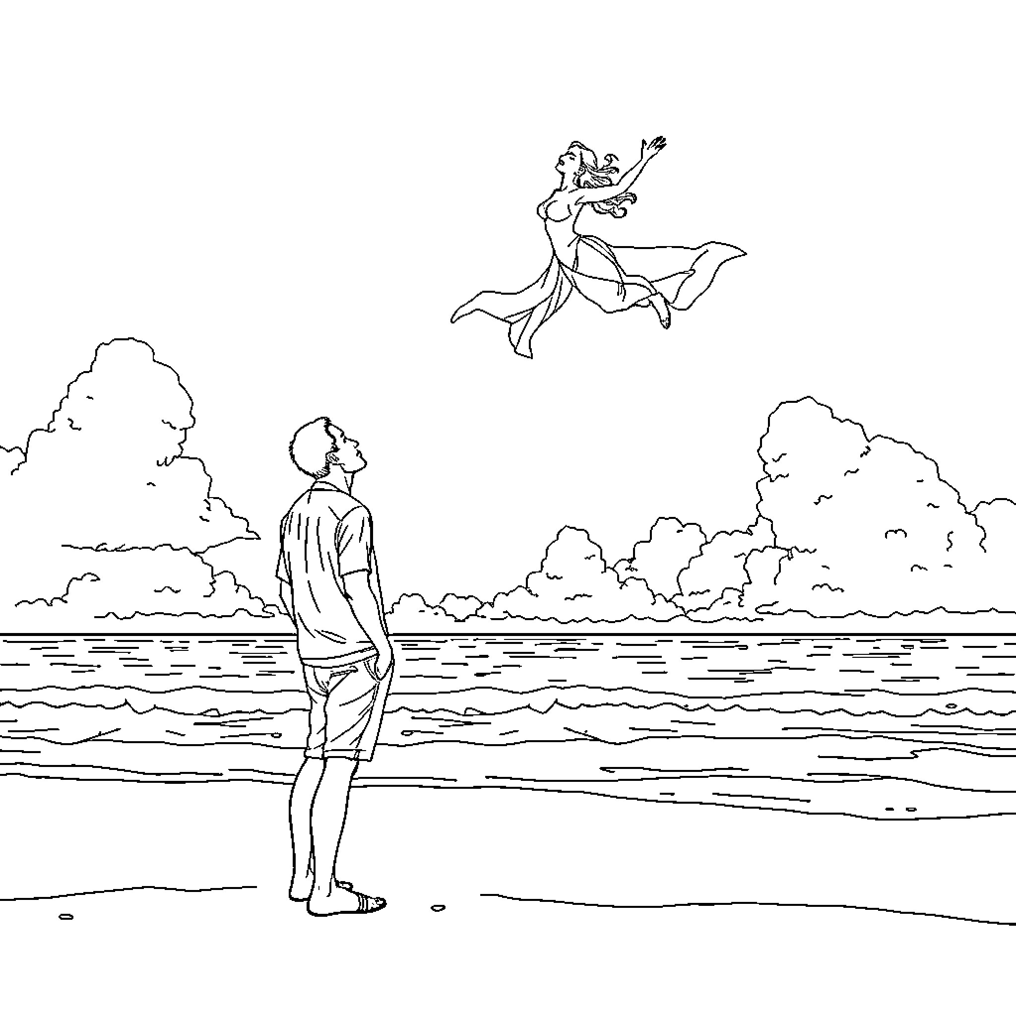 Man observing floating mermaid figure in the sky Coloring Page (free black-and-white line drawing printable PDF for all, from beginners to advanced learners, including children, teens, adults, and seniors)