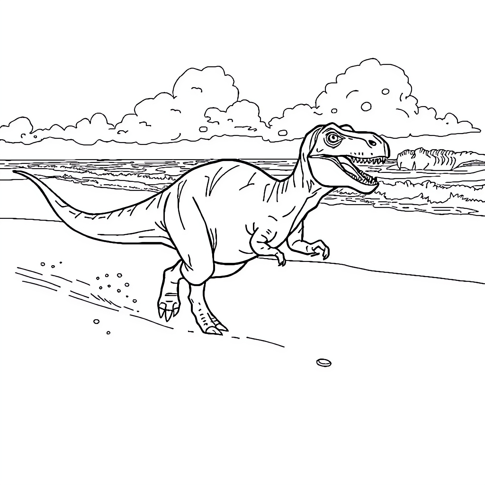Dinosaur stomping through the wilderness Coloring Page (free black-and-white line drawing printable PDF for all, from beginners to advanced learners, including children, teens, adults, and seniors)