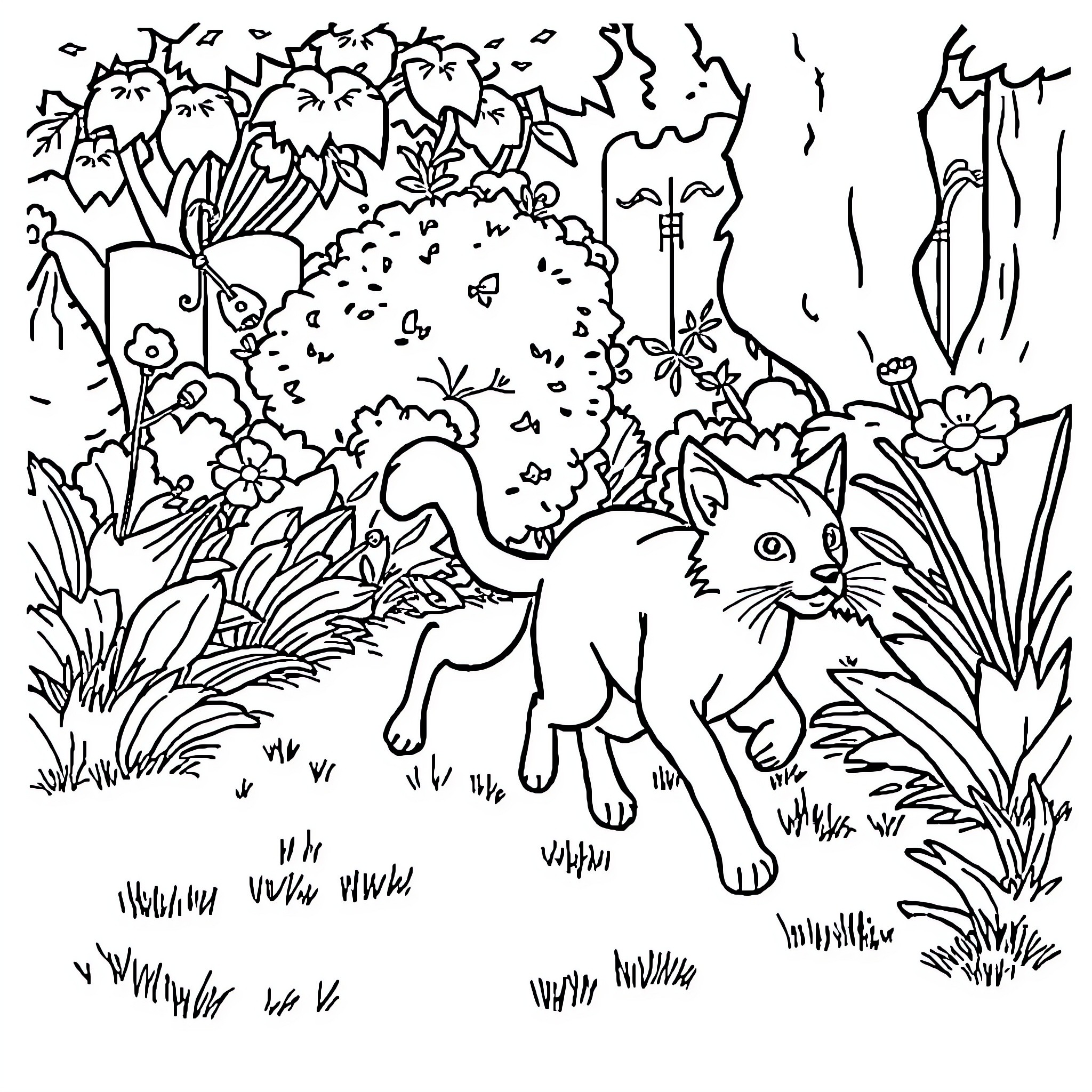 Perro en el jardín con flores y plantas Coloring Page (free black-and-white line drawing printable PDF for all, from beginners to advanced learners, including children, teens, adults, and seniors)