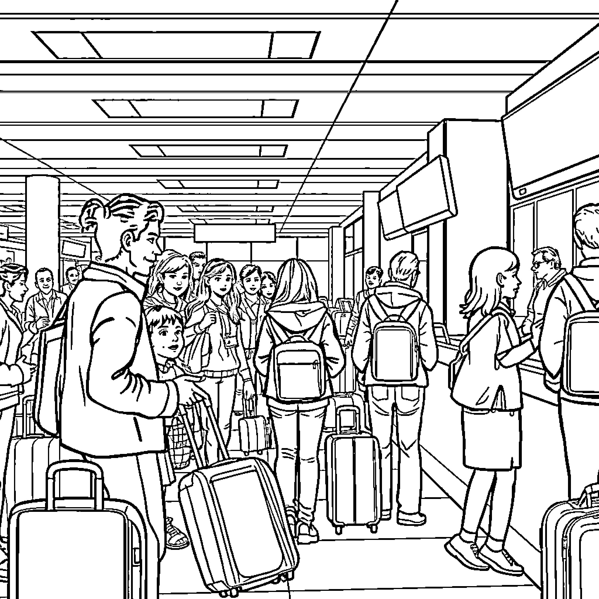 Airport Crowd Waiting in Terminal Coloring Page (free black-and-white line drawing printable PDF for all, from beginners to advanced learners, including children, teens, adults, and seniors)