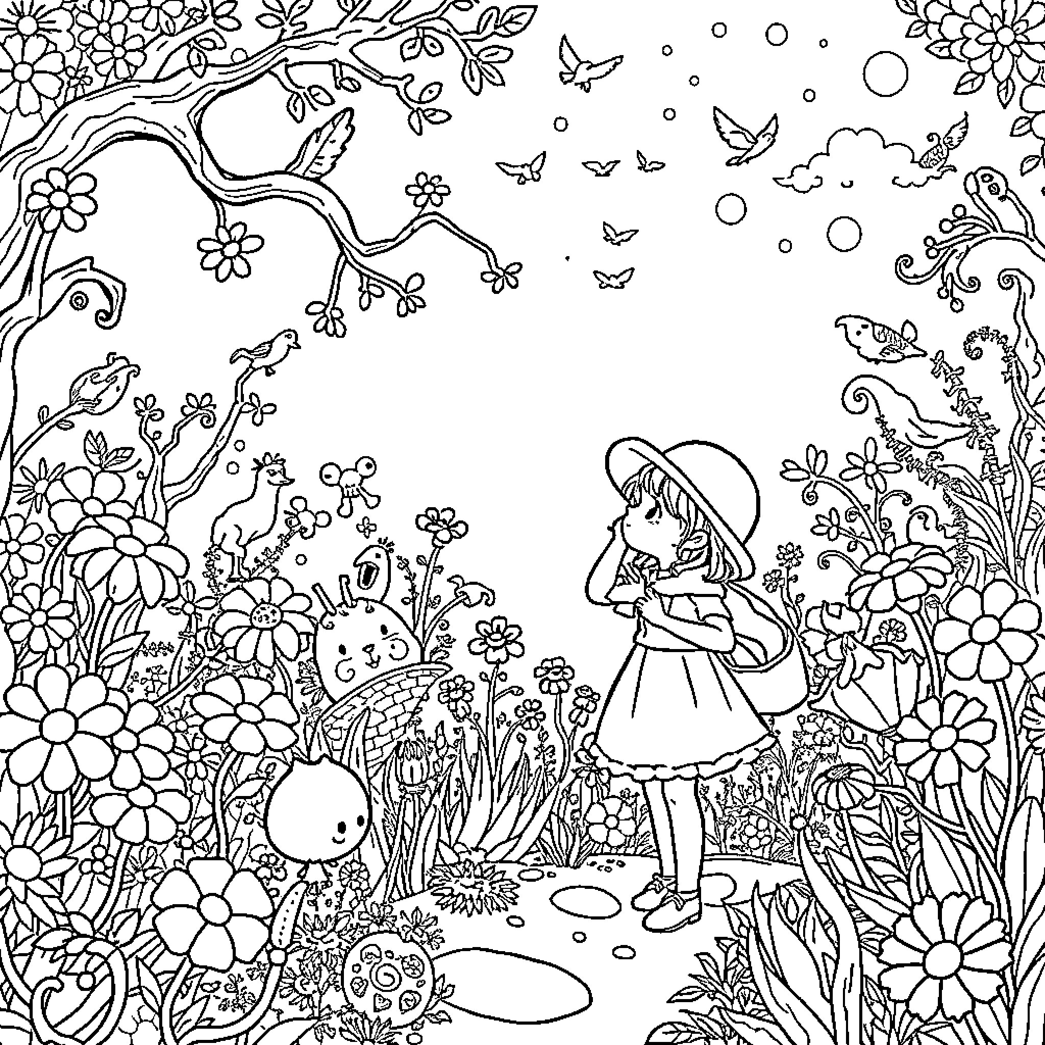 Addison explores the enchanting floral wonderland Coloring Page (free black-and-white line drawing printable PDF for all, from beginners to advanced learners, including children, teens, adults, and seniors)