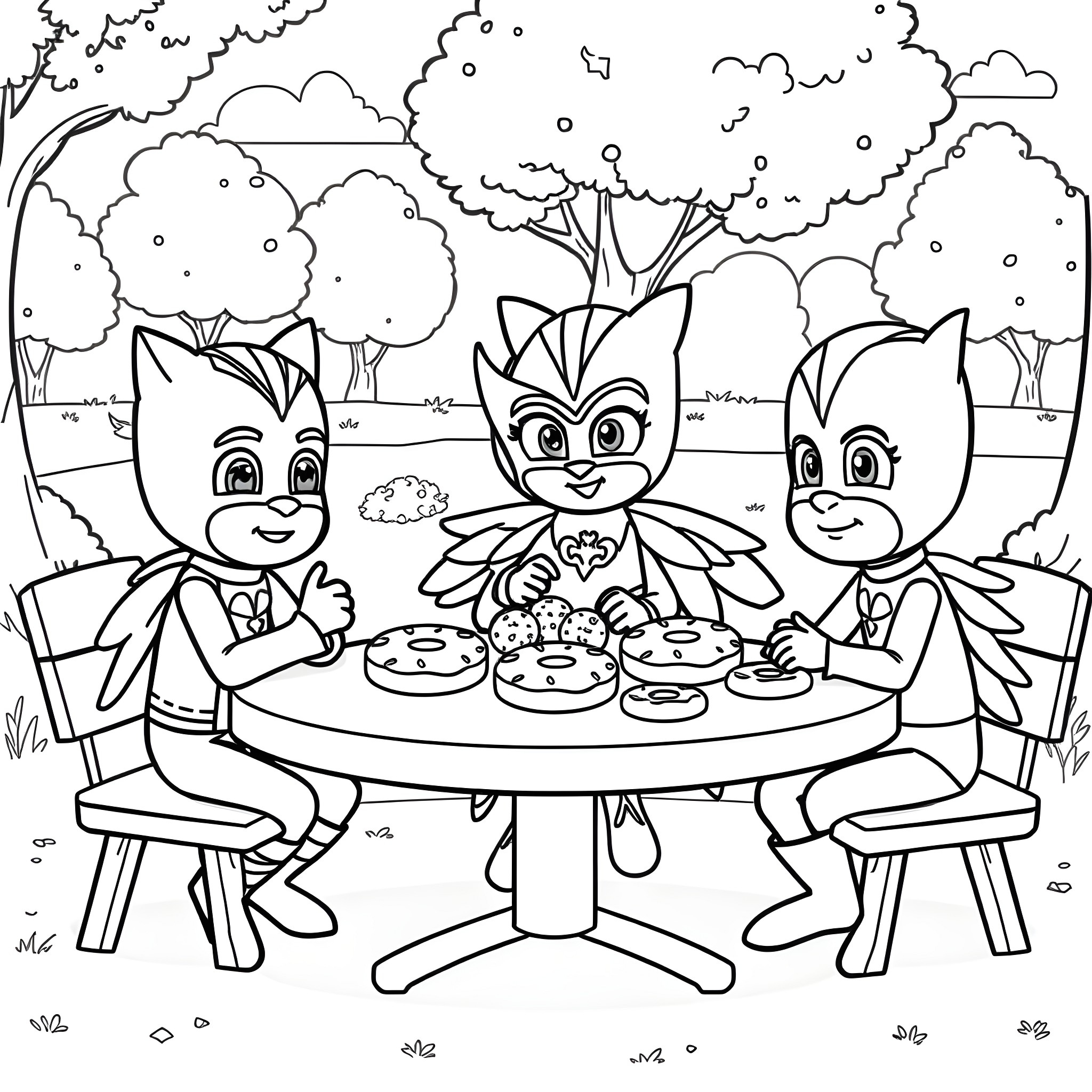 Pj Masks characters enjoying a picnic outdoors Coloring Page (free black-and-white line drawing printable PDF for all, from beginners to advanced learners, including children, teens, adults, and seniors)