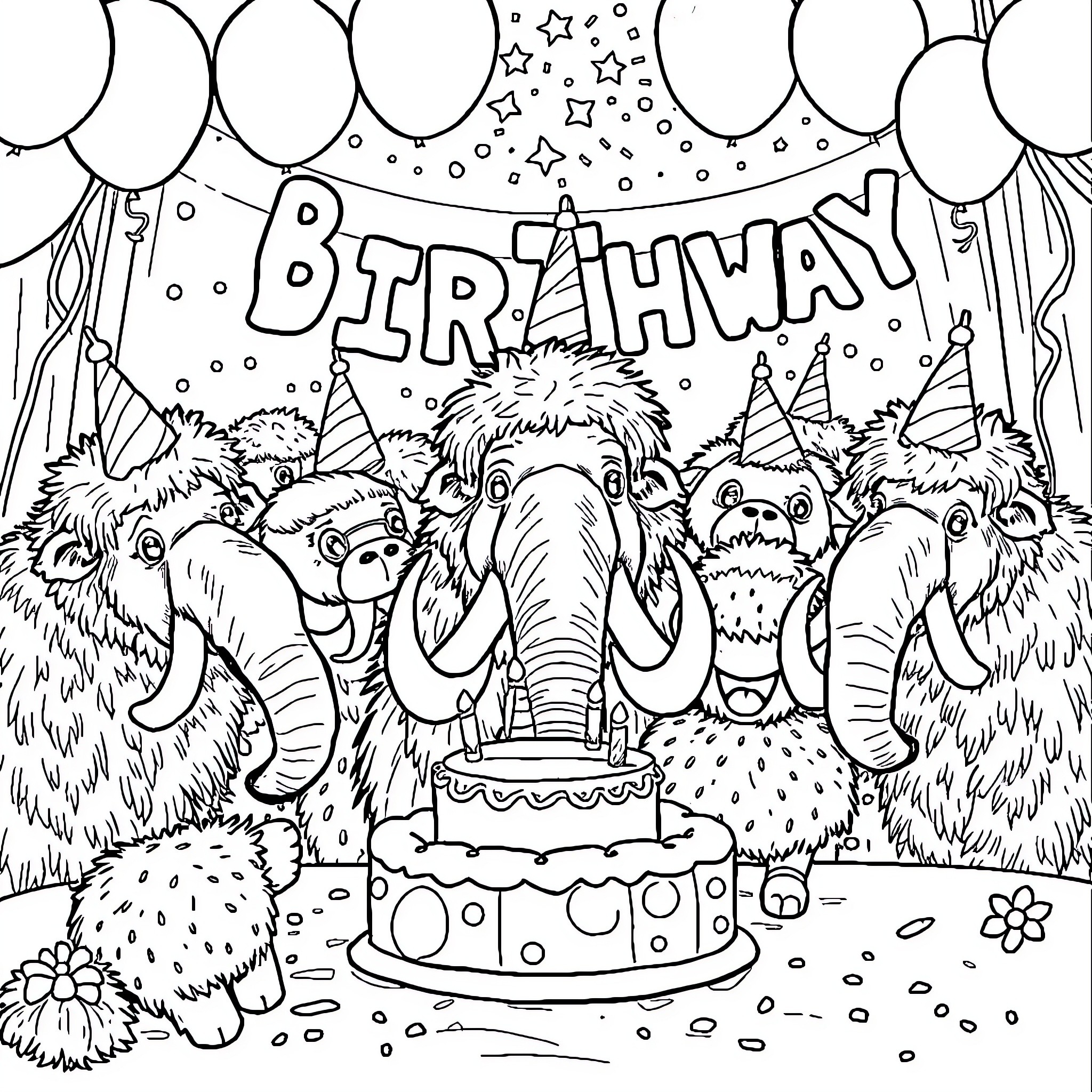 Woolly Mammoth Birthday Party with Friends Coloring Page (free black-and-white line drawing printable PDF for all, from beginners to advanced learners, including children, teens, adults, and seniors)