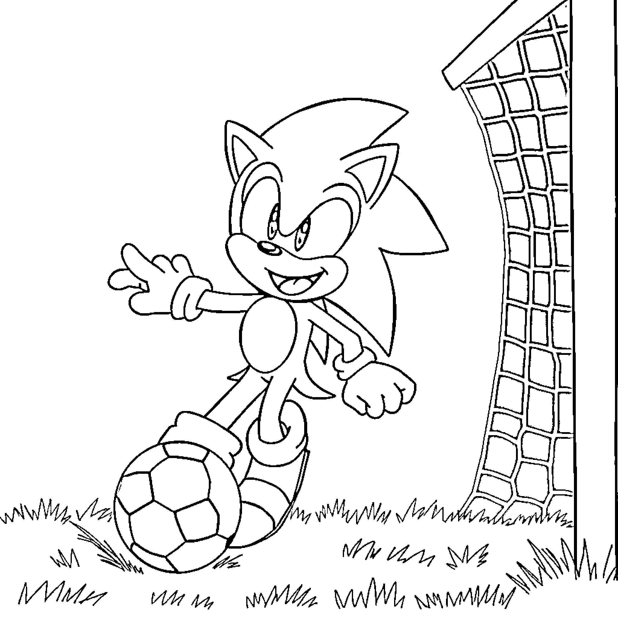 Sonic playing with a soccer ball near a goal Coloring Page (free black-and-white line drawing printable PDF for all, from beginners to advanced learners, including children, teens, adults, and seniors)
