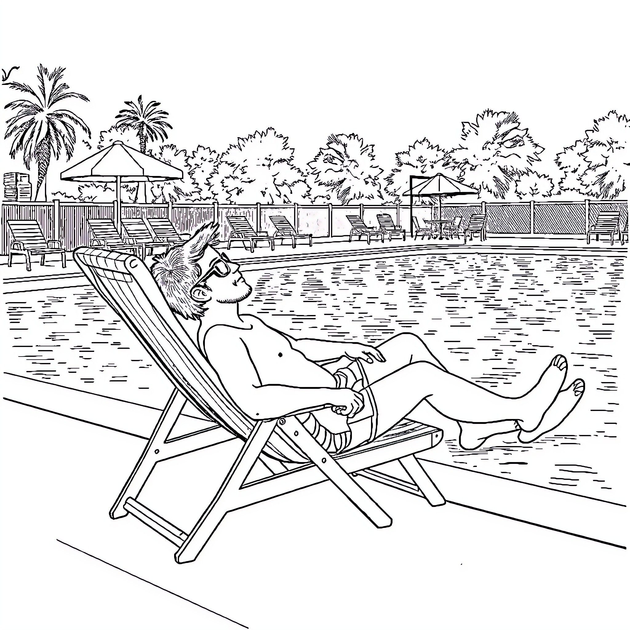 Mike Wheeler relaxing by the pool on a sunny day Coloring Page (free black-and-white line drawing printable PDF for all, from beginners to advanced learners, including children, teens, adults, and seniors)