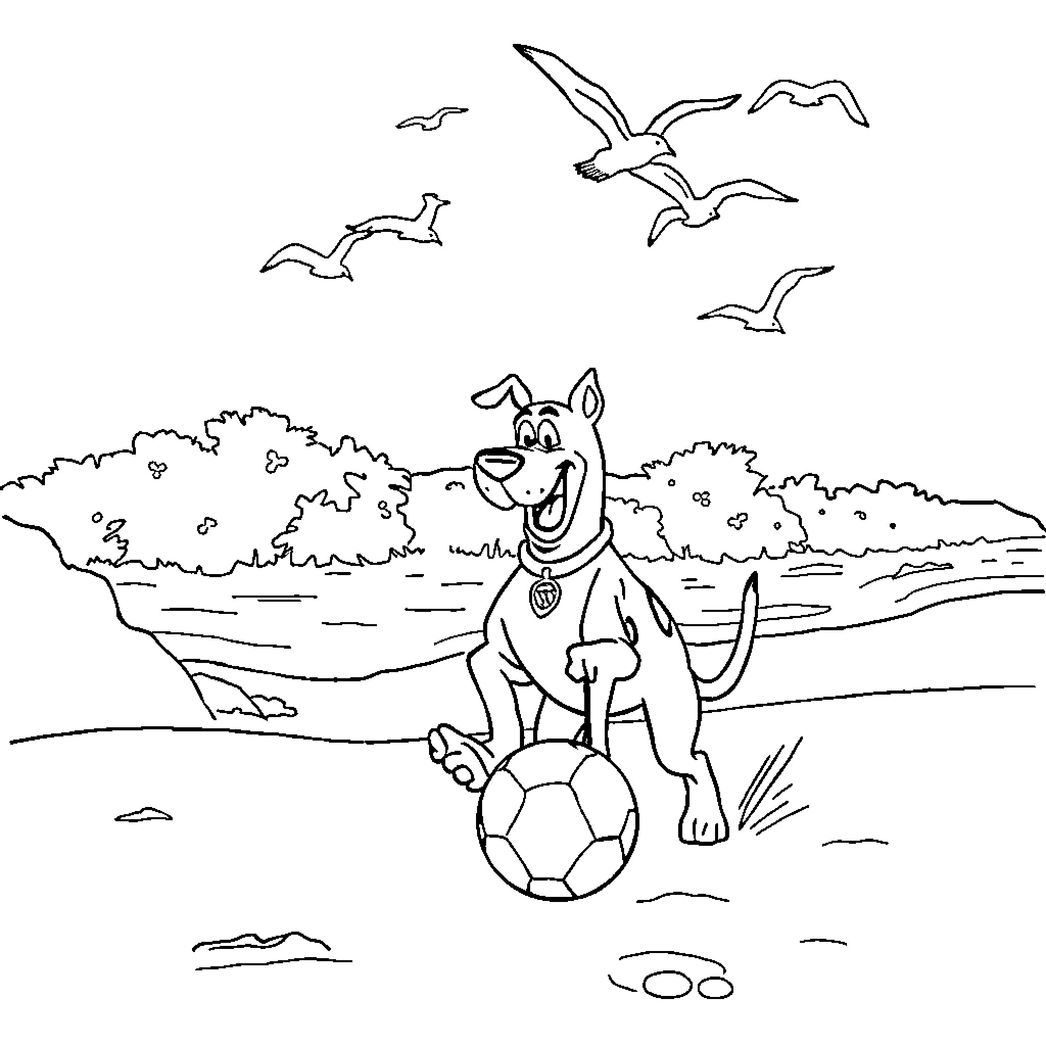 Scooby Doo playing with a soccer ball on the beach Coloring Page (free black-and-white line drawing printable PDF for all, from beginners to advanced learners, including children, teens, adults, and seniors)