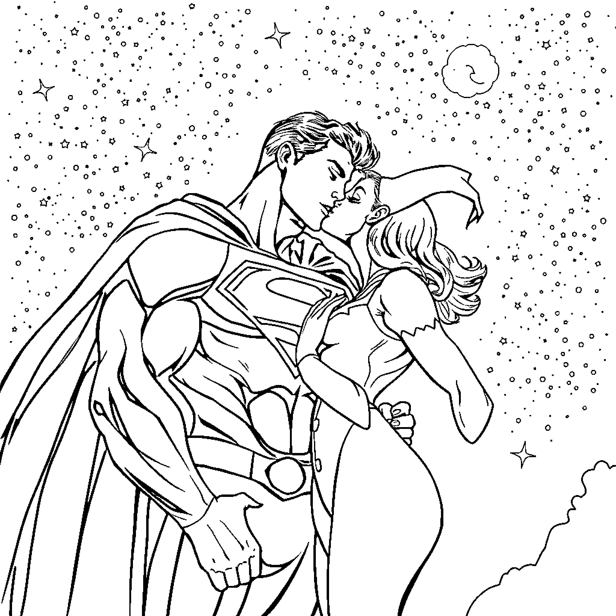 Superman embracing a woman under the starry night sky Coloring Page (free black-and-white line drawing printable PDF for all, from beginners to advanced learners, including children, teens, adults, and seniors)