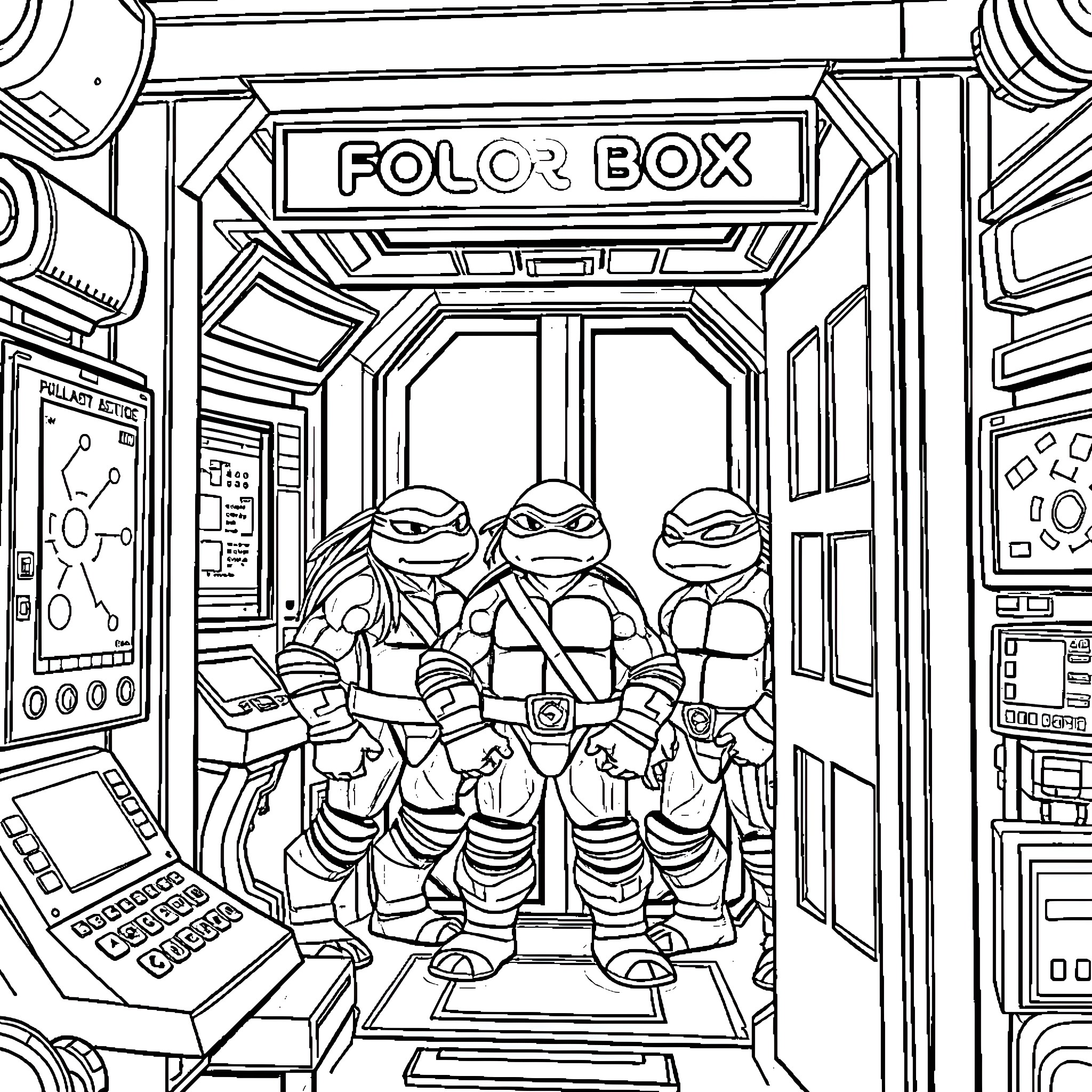 Ninja Turtles exploring the futuristic Folor Box Coloring Page (free black-and-white line drawing printable PDF for all, from beginners to advanced learners, including children, teens, adults, and seniors)