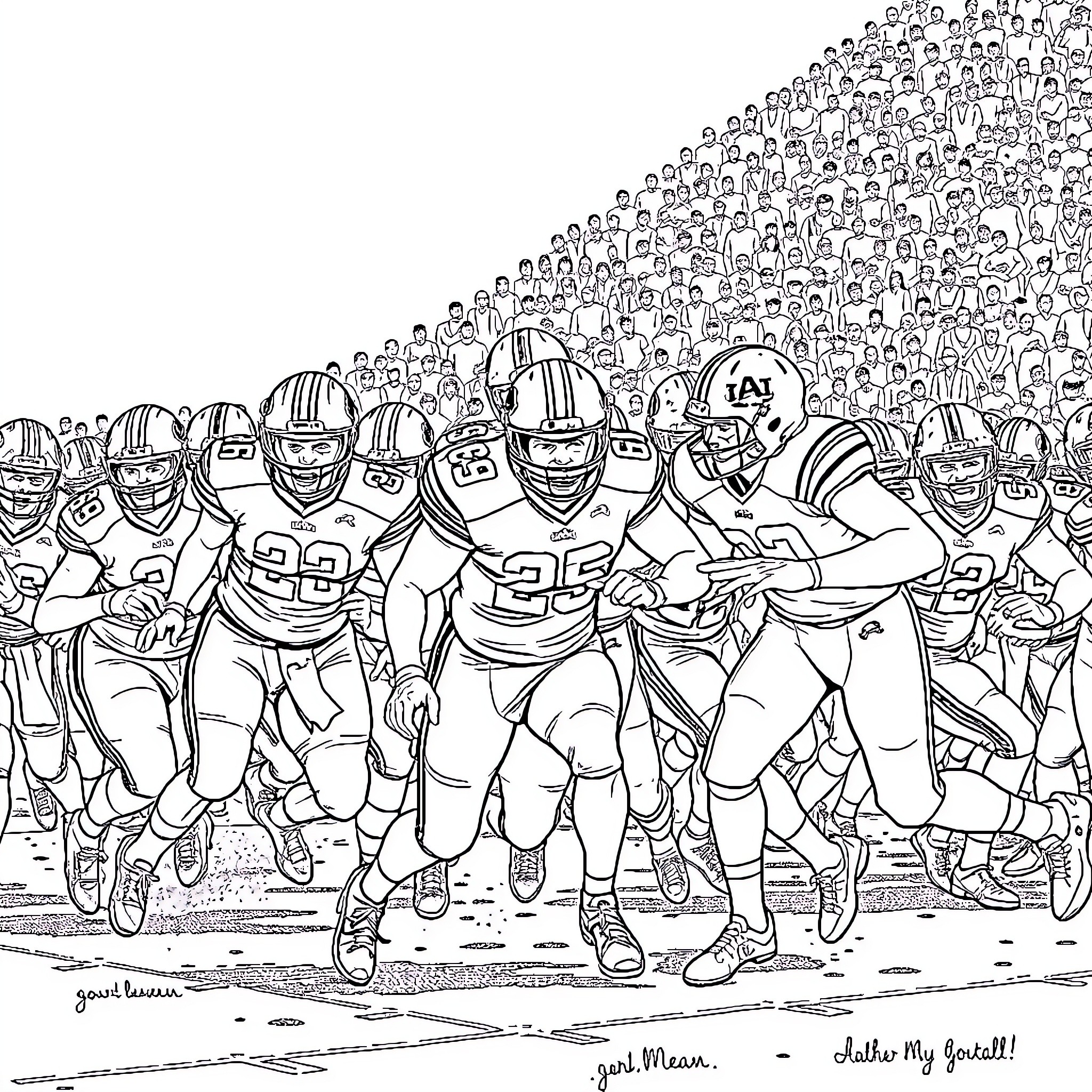 Football players racing down the field with crowd support Coloring Page (free black-and-white line drawing printable PDF for all, from beginners to advanced learners, including children, teens, adults, and seniors)
