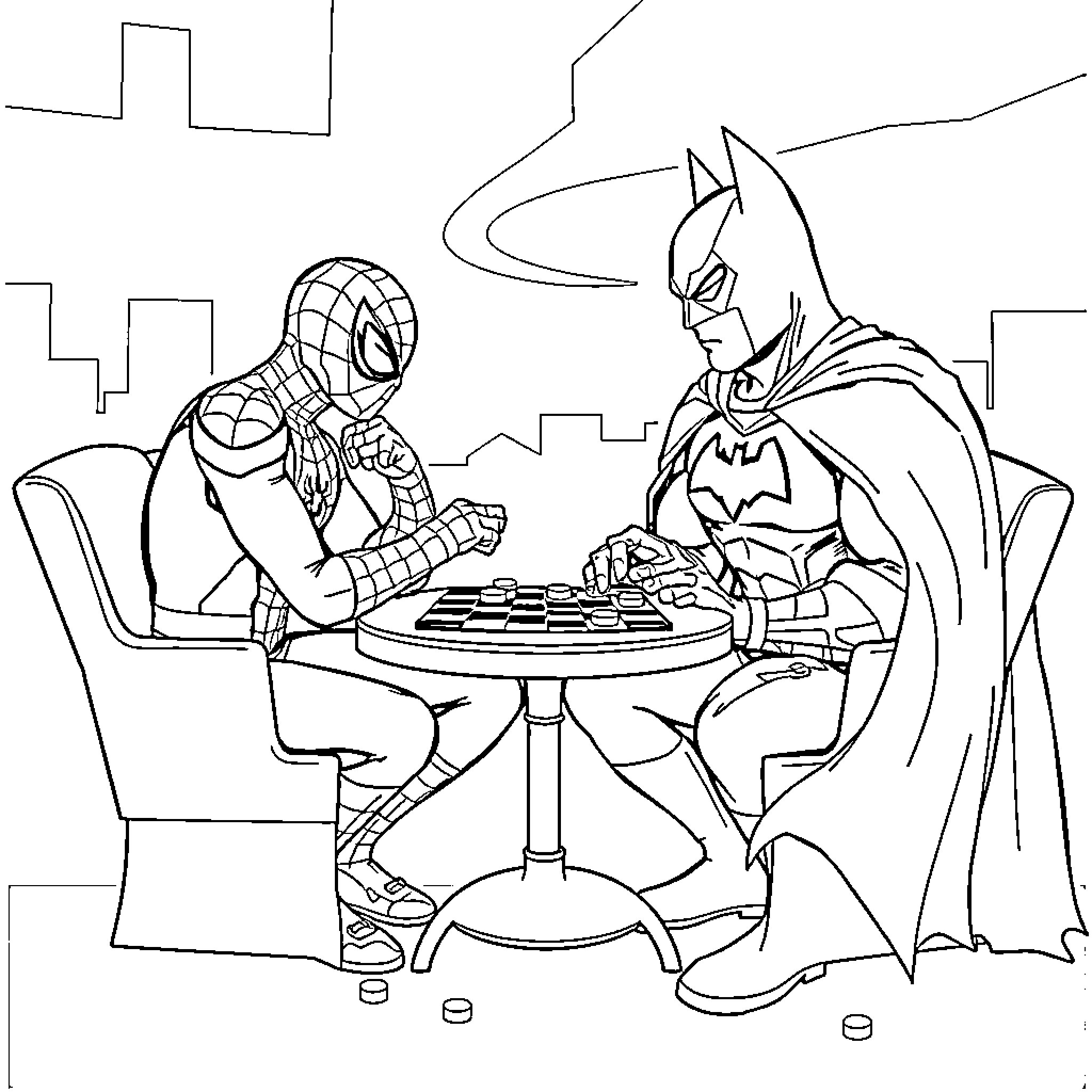 Spider-Man and Batman playing chess in the city Coloring Page (free black-and-white line drawing printable PDF for all, from beginners to advanced learners, including children, teens, adults, and seniors)