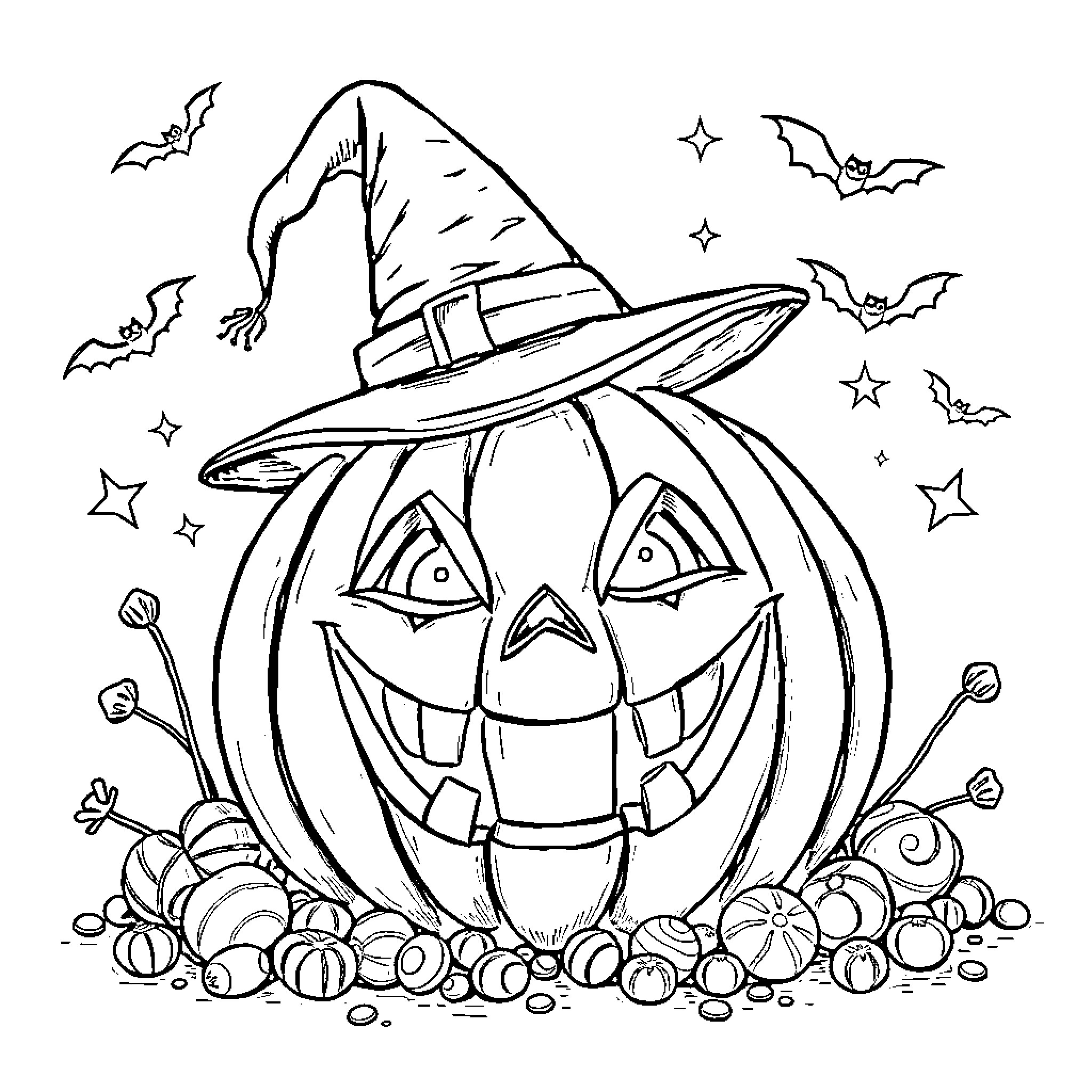 Pumpkin with Witch Hat and Halloween Decor Coloring Page (free black-and-white line drawing printable PDF for all, from beginners to advanced learners, including children, teens, adults, and seniors)