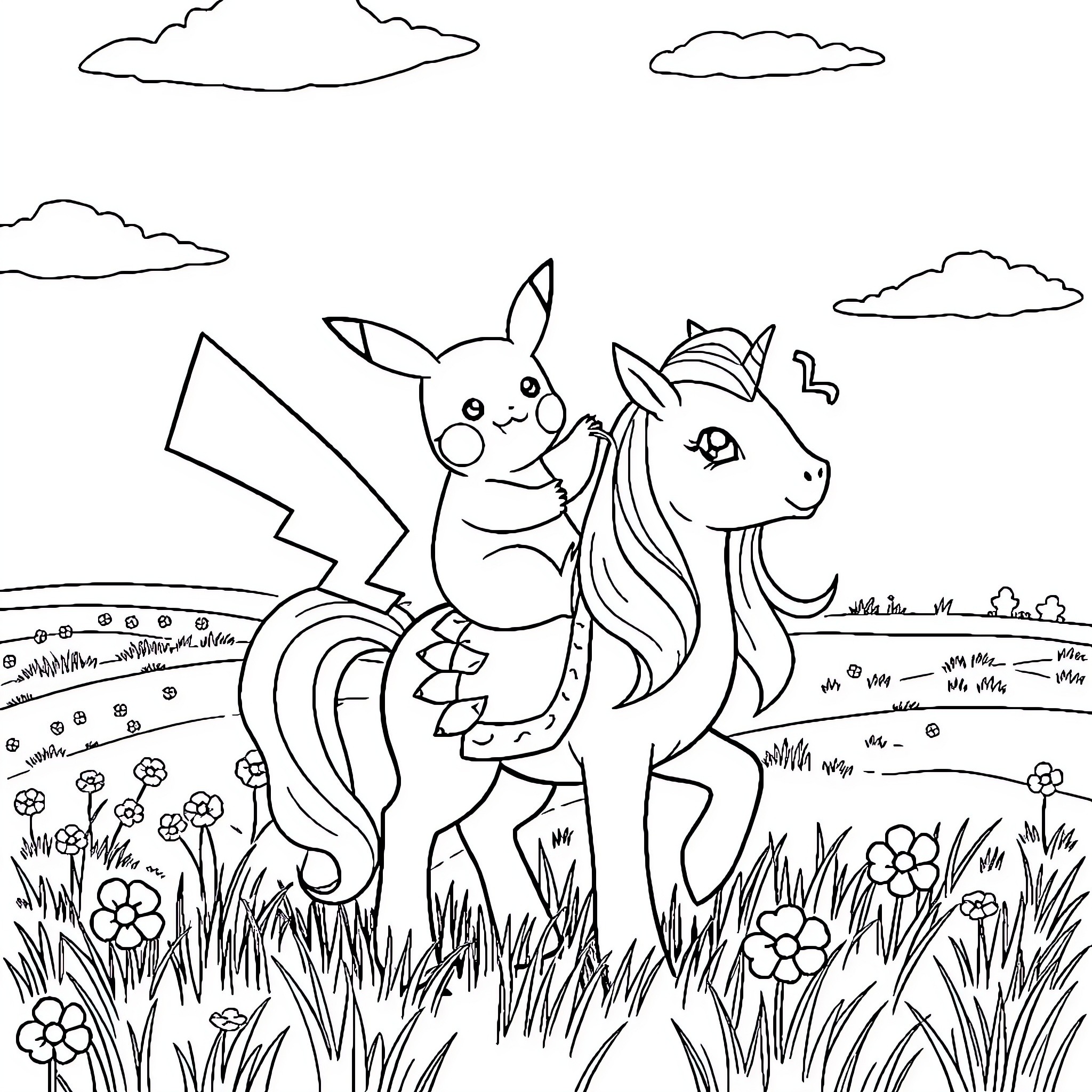 Pikachu riding a magical unicorn in a field Coloring Page (free black-and-white line drawing printable PDF for all, from beginners to advanced learners, including children, teens, adults, and seniors)