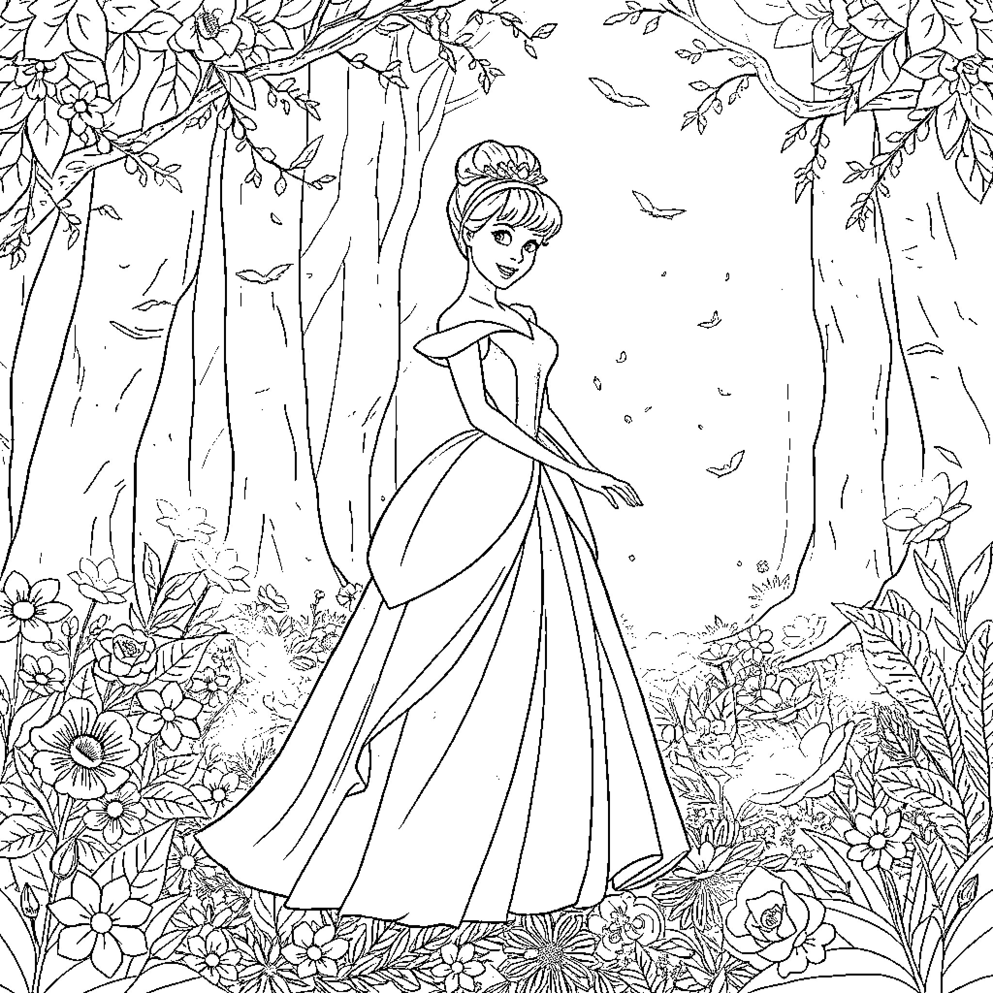 Cinderella in a magical forest with flowers Coloring Page (free black-and-white line drawing printable PDF for all, from beginners to advanced learners, including children, teens, adults, and seniors)