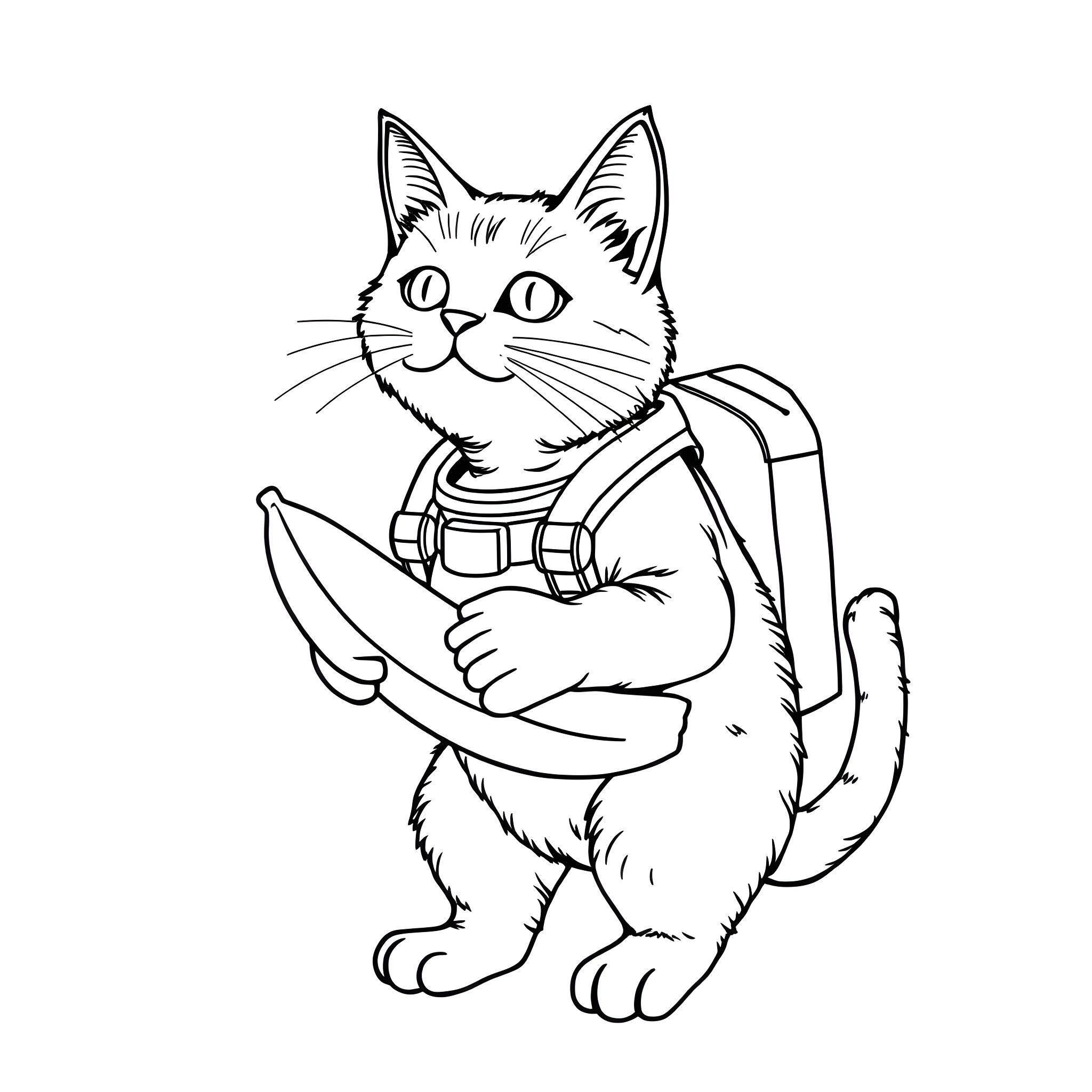 Cat holding a banana in a backpack Coloring Page (free black-and-white line drawing printable PDF for all, from beginners to advanced learners, including children, teens, adults, and seniors)