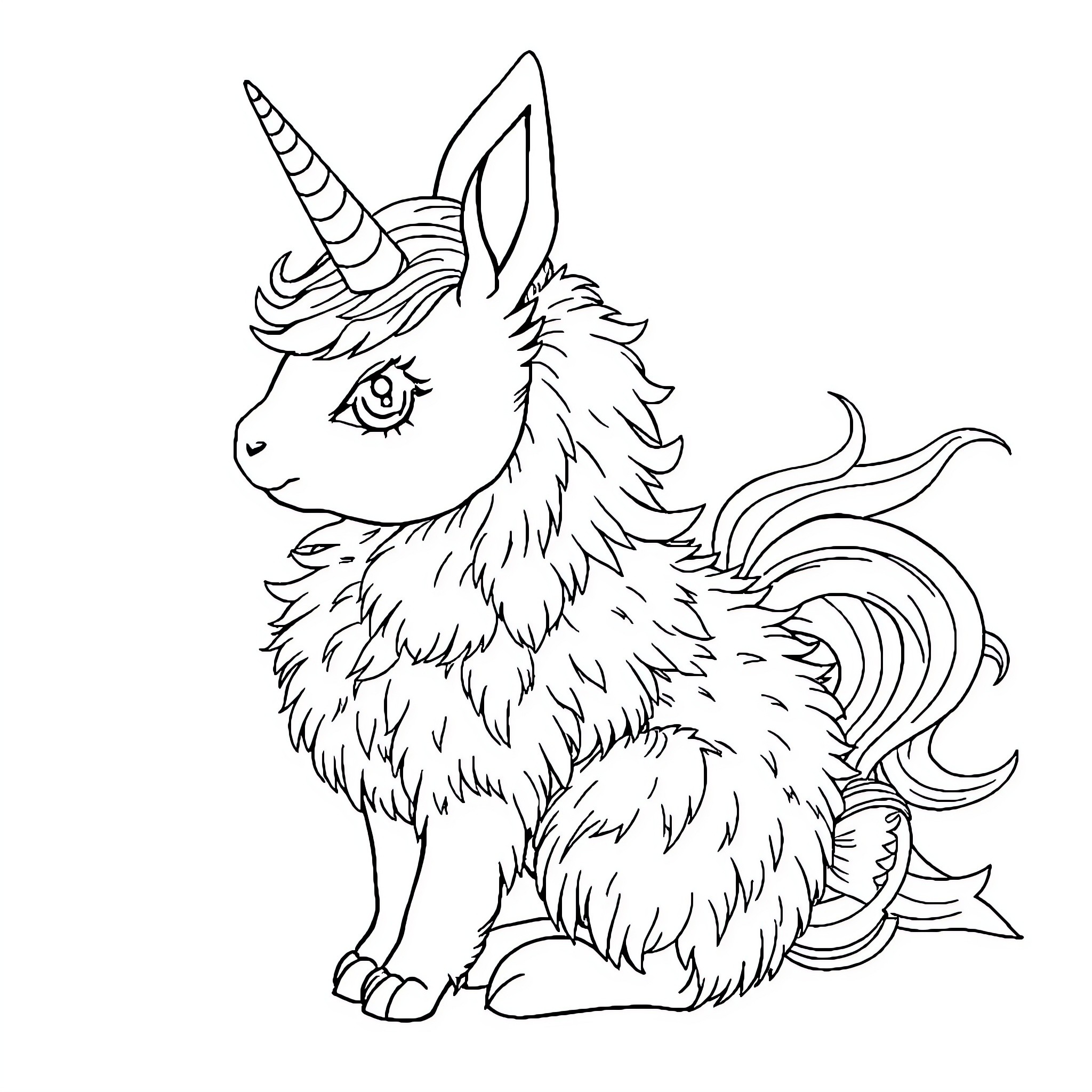 Unicorn Bunny sitting calmly and peacefully Coloring Page (free black-and-white line drawing printable PDF for all, from beginners to advanced learners, including children, teens, adults, and seniors)
