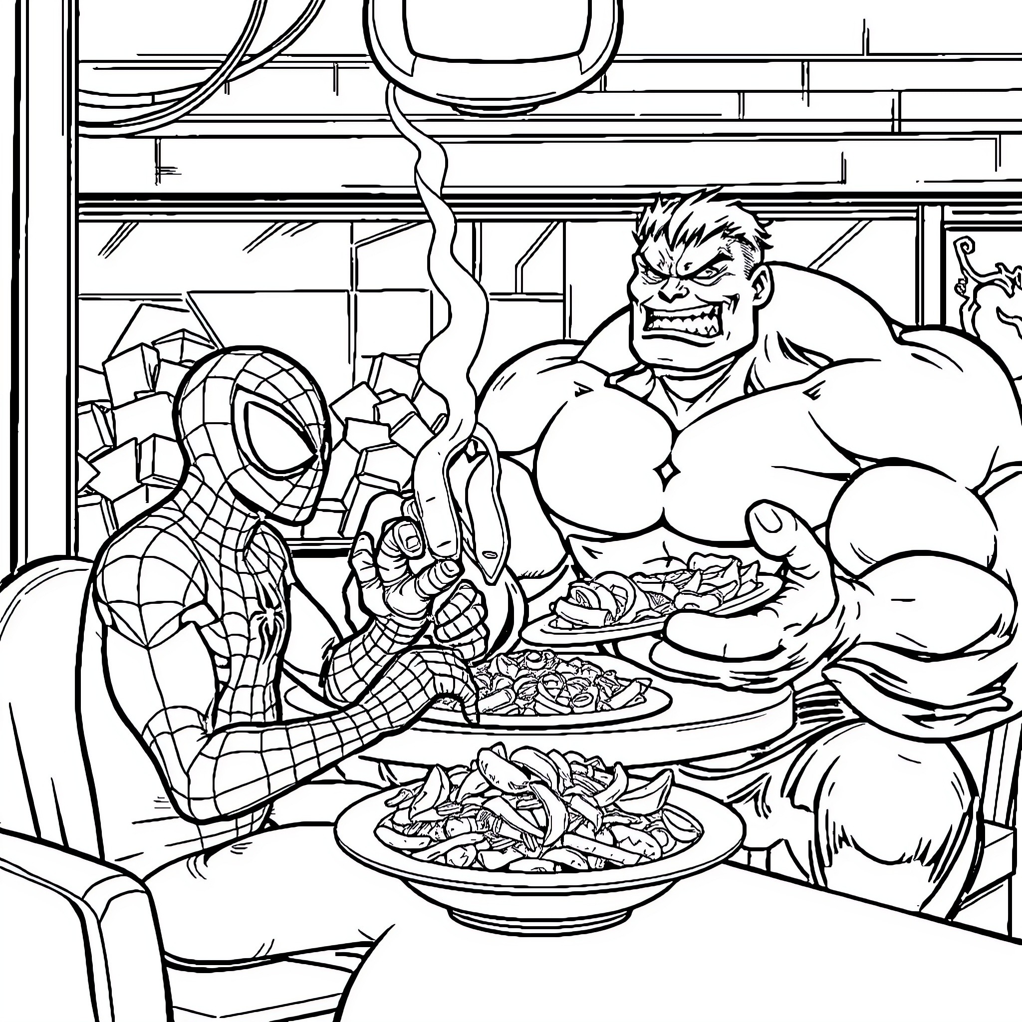 Spider-Man and Hulk Enjoying a Meal Together Coloring Page (free black-and-white line drawing printable PDF for all, from beginners to advanced learners, including children, teens, adults, and seniors)