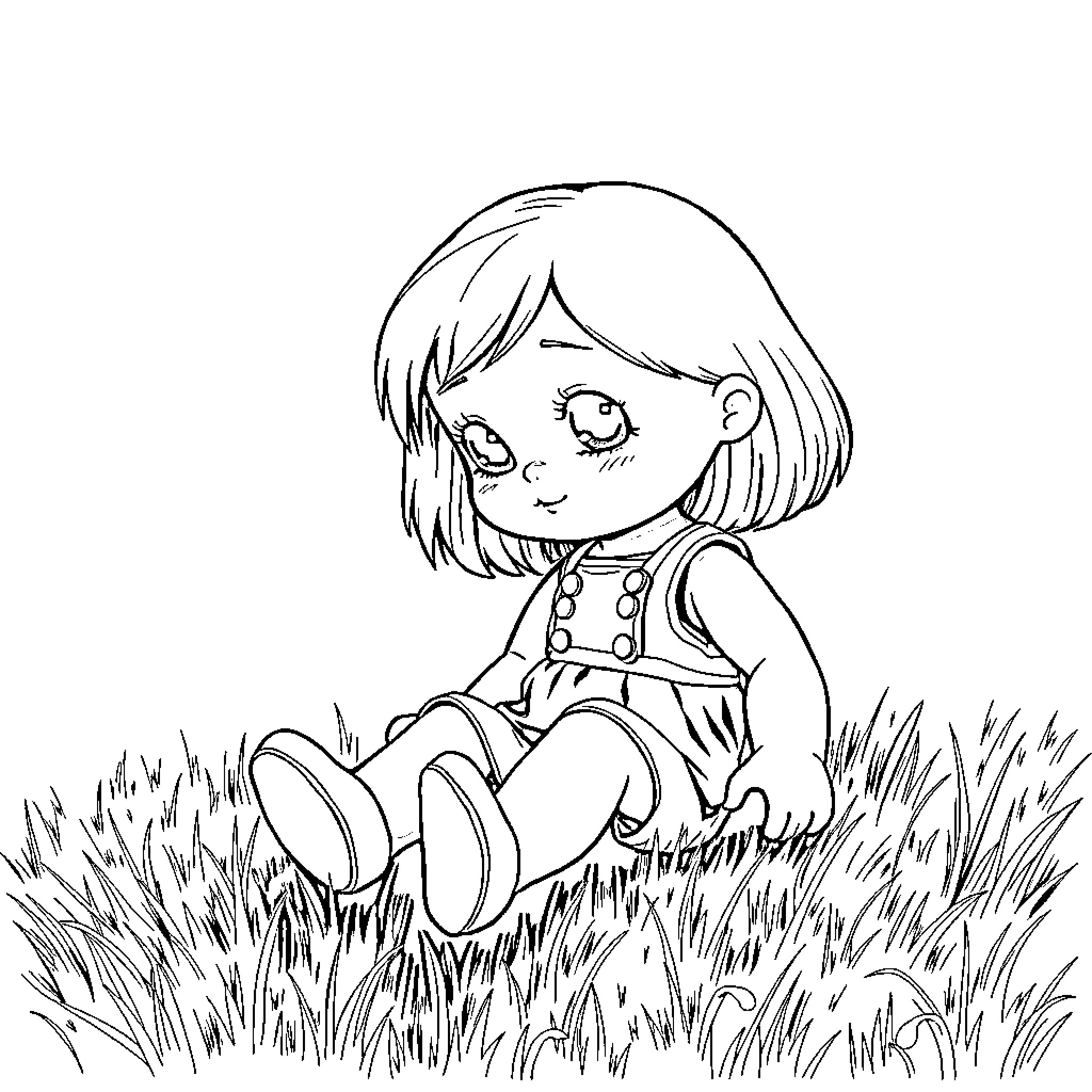 Doll sitting calmly in the grass Coloring Page (free black-and-white line drawing printable PDF for all, from beginners to advanced learners, including children, teens, adults, and seniors)
