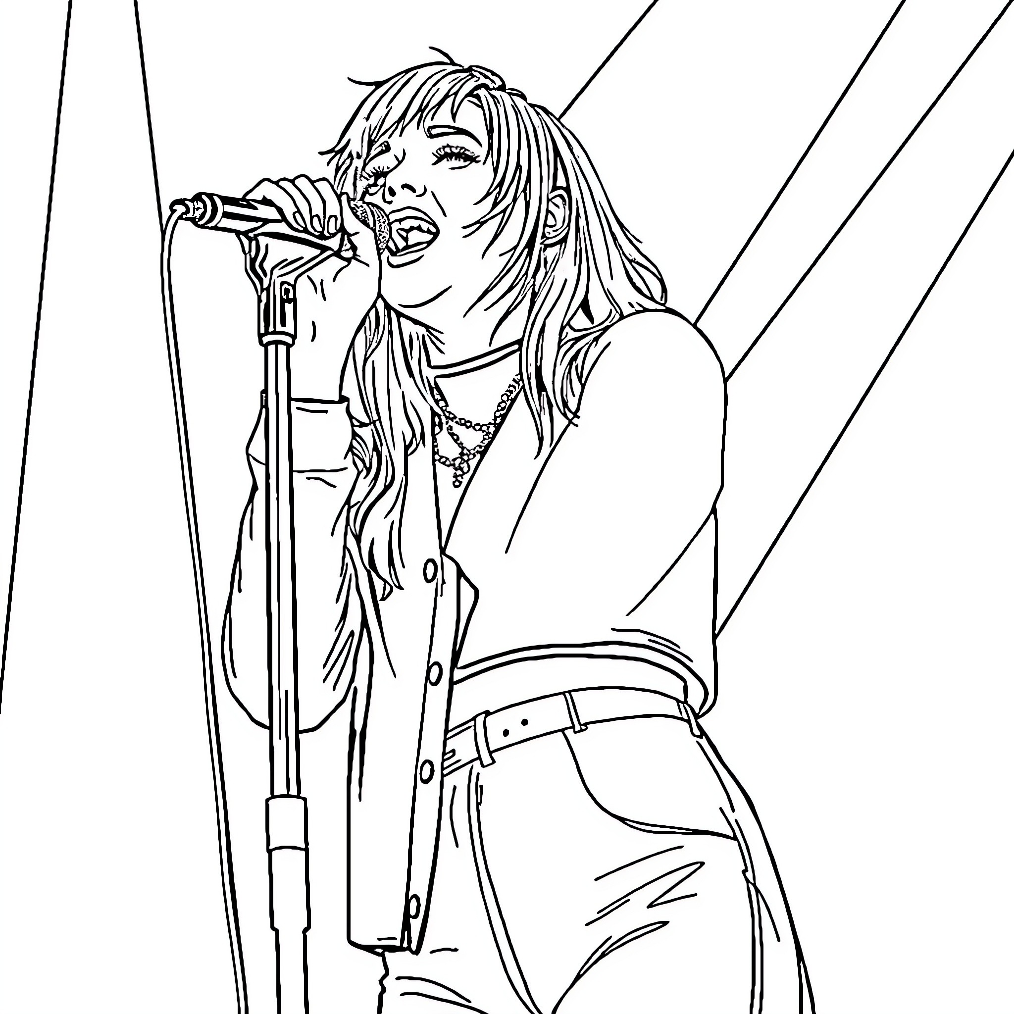 Billie Eilish performing on stage with microphone Coloring Page (free black-and-white line drawing printable PDF for all, from beginners to advanced learners, including children, teens, adults, and seniors)