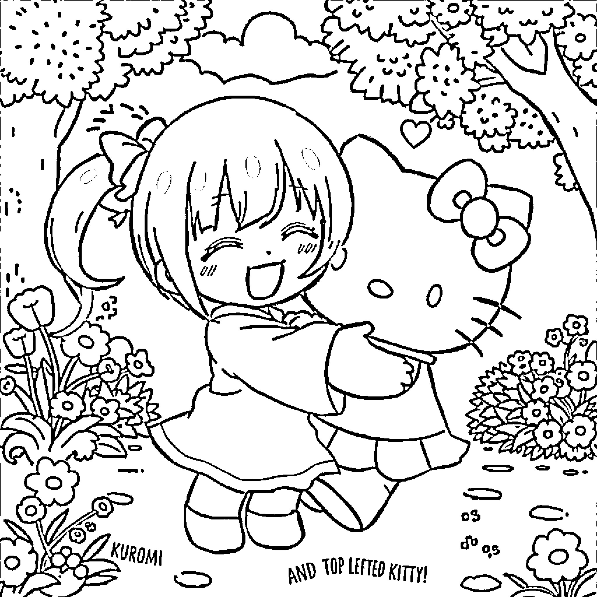 Kuromi and top lifted kitty in a whimsical garden Coloring Page (free black-and-white line drawing printable PDF for all, from beginners to advanced learners, including children, teens, adults, and seniors)
