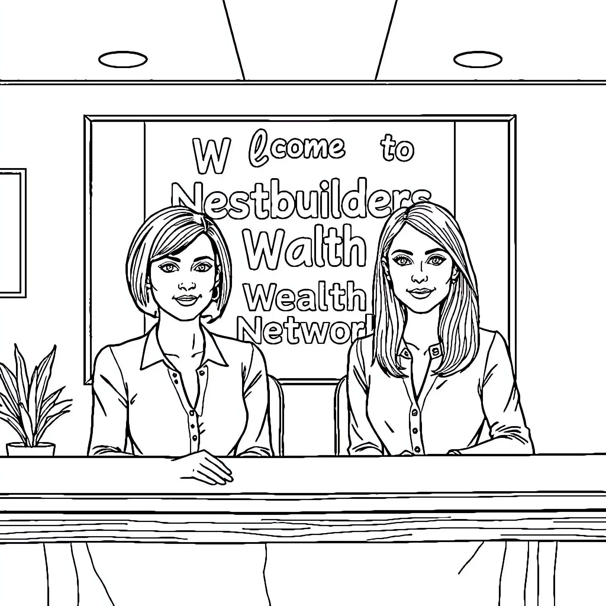 Women in business attire welcoming visitors to a wealth network Coloring Page (free black-and-white line drawing printable PDF for all, from beginners to advanced learners, including children, teens, adults, and seniors)