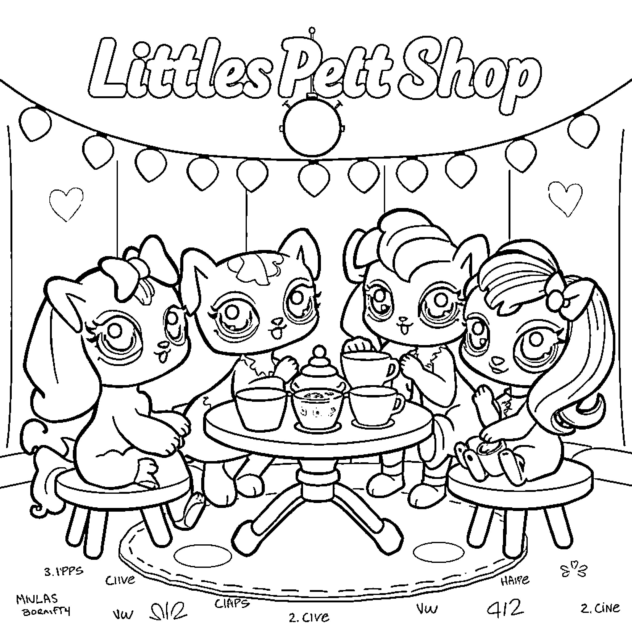 Pet Shop with Cute Puppies Enjoying a Gathering Coloring Page (free black-and-white line drawing printable PDF for all, from beginners to advanced learners, including children, teens, adults, and seniors)